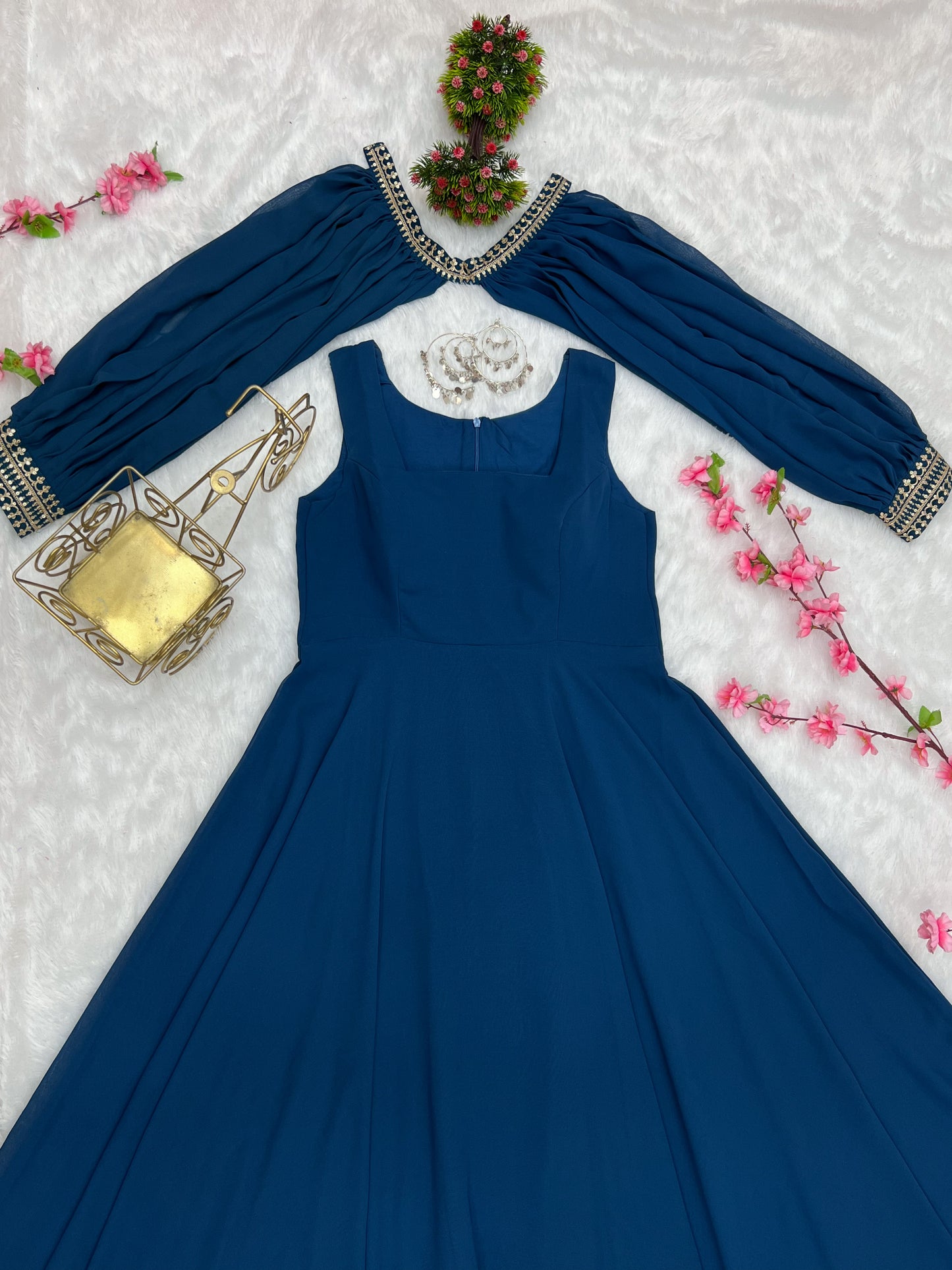 Blue Faux Georgette Fancy Sleeves Gown By Stylish Ethnic