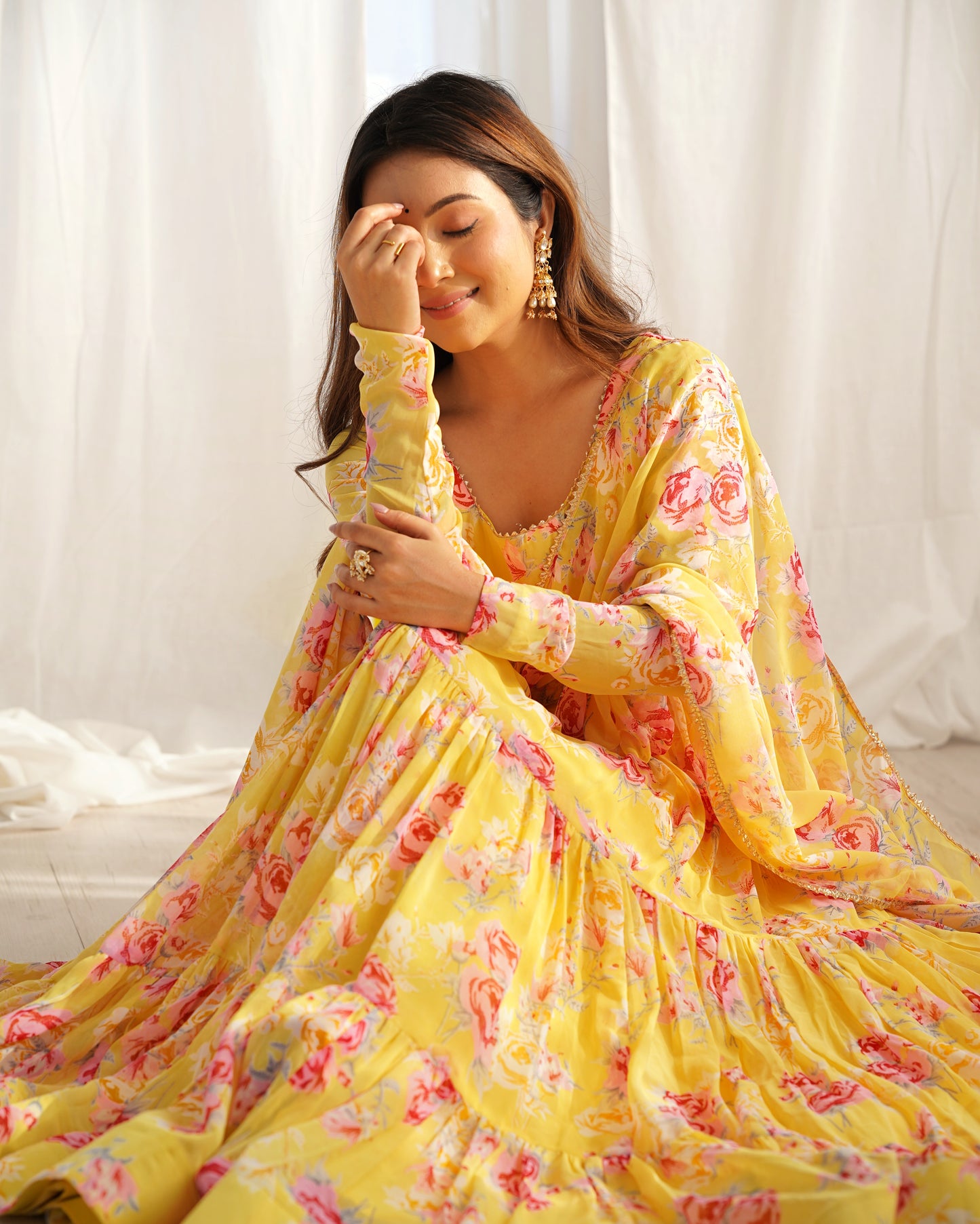 Pure Soft Fox Georgette Floral Print Ready To Wear Yellow Anarkali