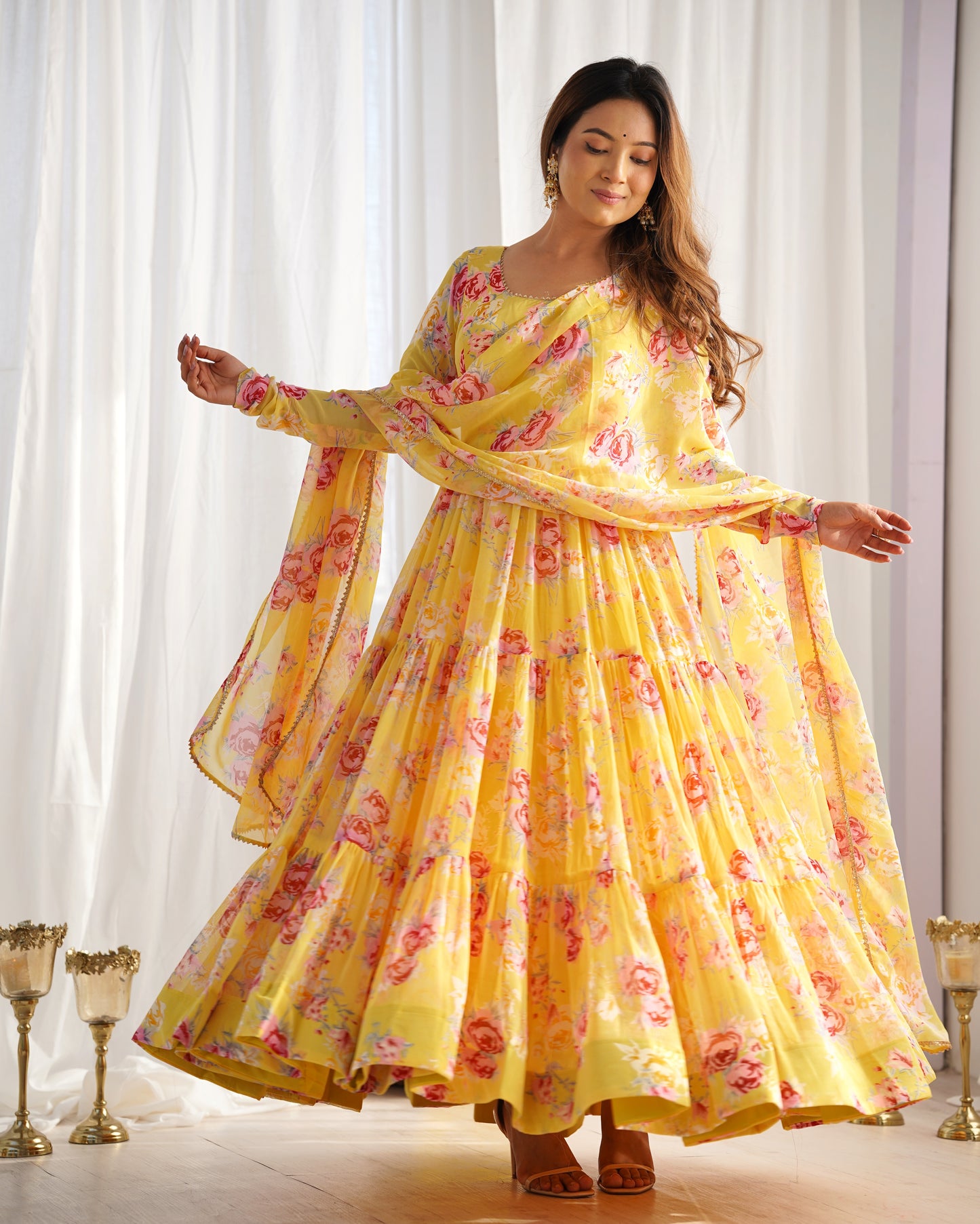 Pure Soft Fox Georgette Floral Print Ready To Wear Yellow Anarkali