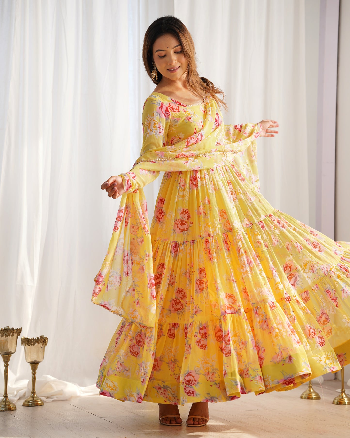 Pure Soft Fox Georgette Floral Print Ready To Wear Yellow Anarkali