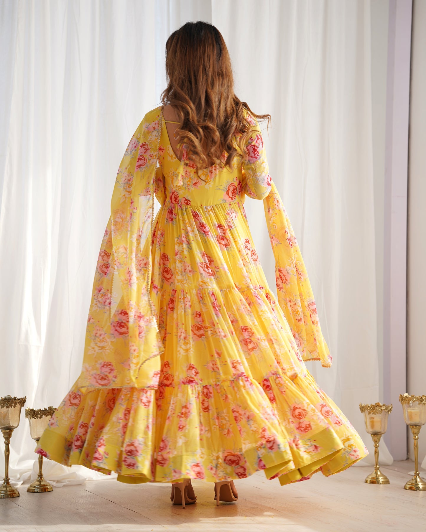 Pure Soft Fox Georgette Floral Print Ready To Wear Yellow Anarkali