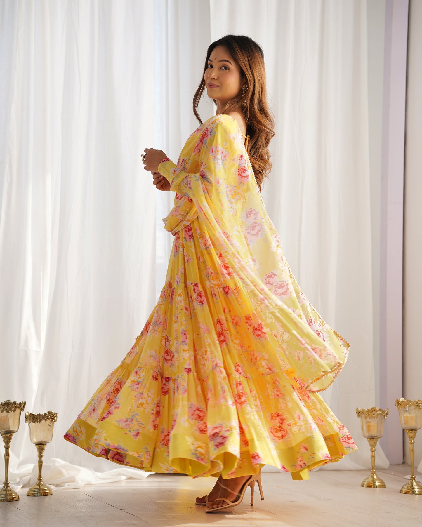 Pure Soft Fox Georgette Floral Print Ready To Wear Yellow Anarkali