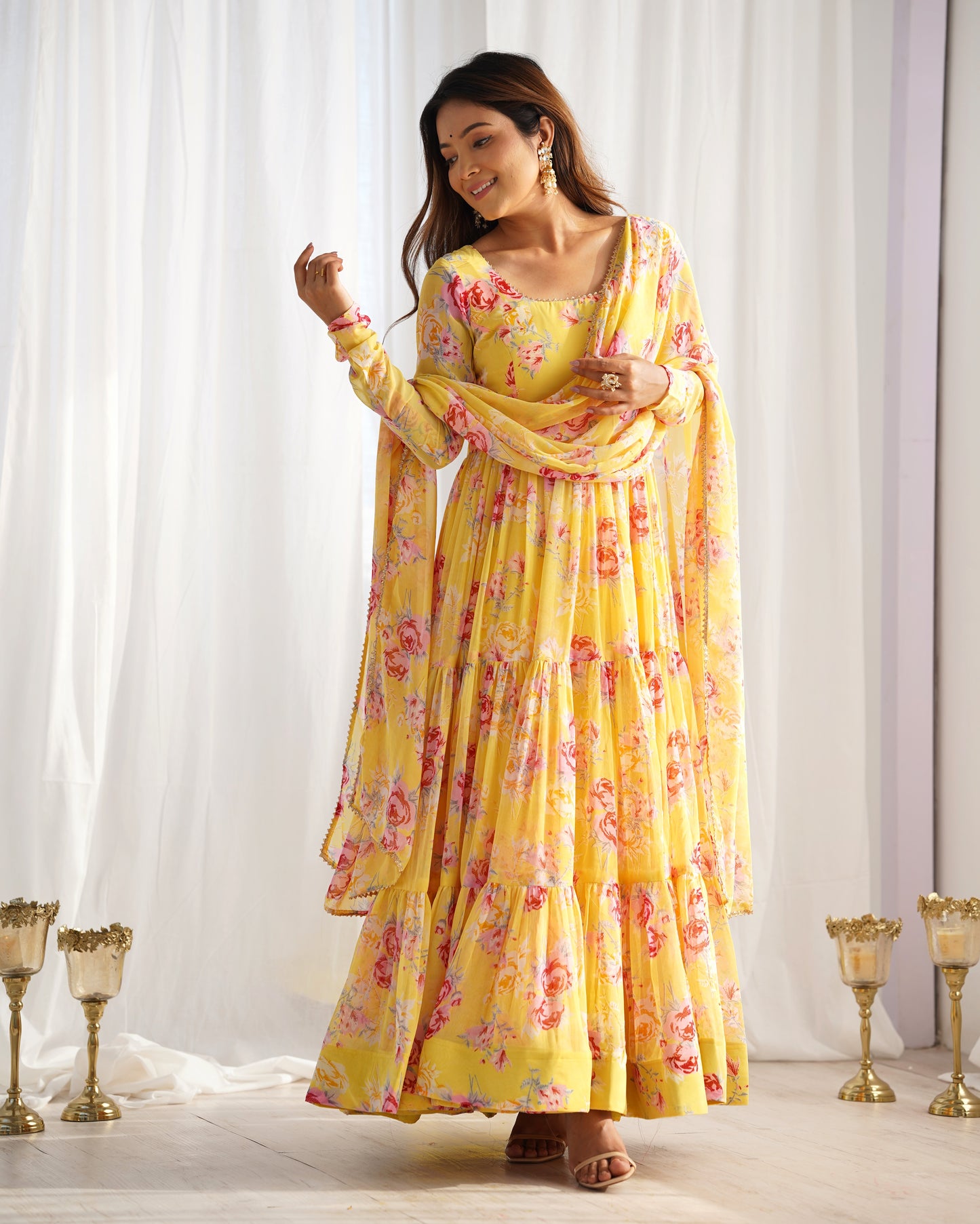 Pure Soft Fox Georgette Floral Print Ready To Wear Yellow Anarkali