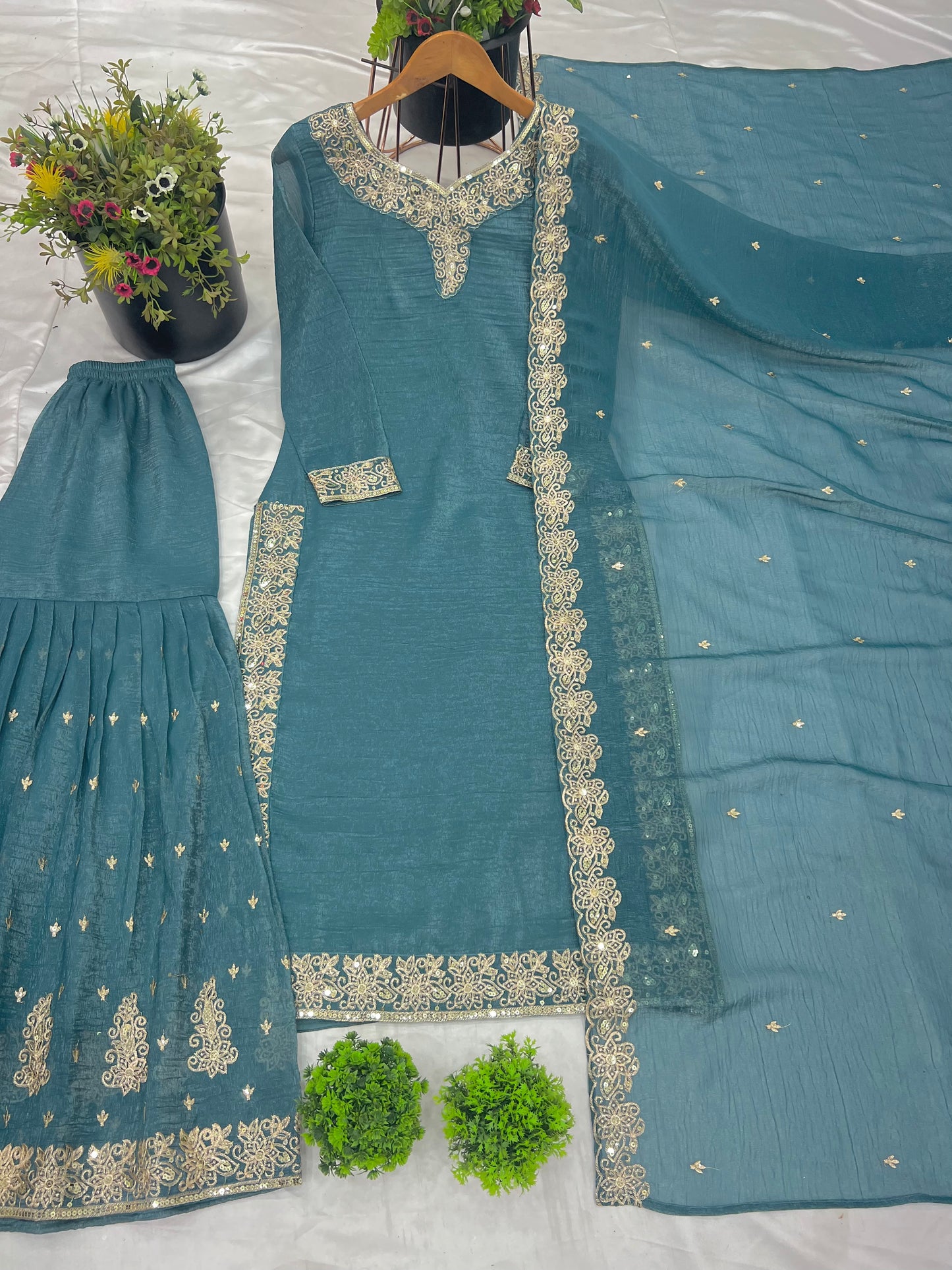Elegant Rama Heavy Crunchy Silk Sharara Suit with Embroidery Sequence Work | Fully Stitched Designer Ethnic Wear for Women