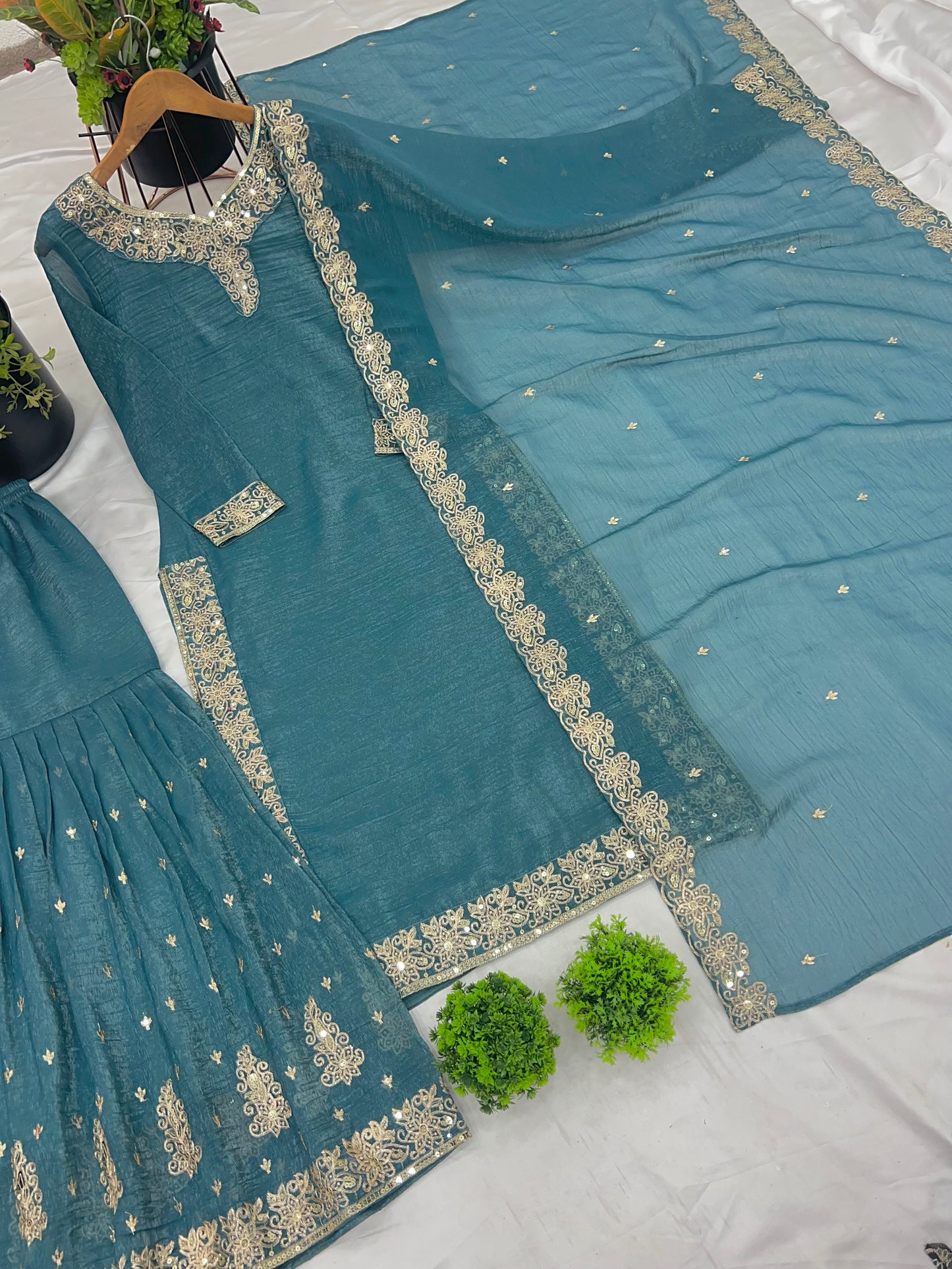 Elegant Rama Heavy Crunchy Silk Sharara Suit with Embroidery Sequence Work | Fully Stitched Designer Ethnic Wear for Women