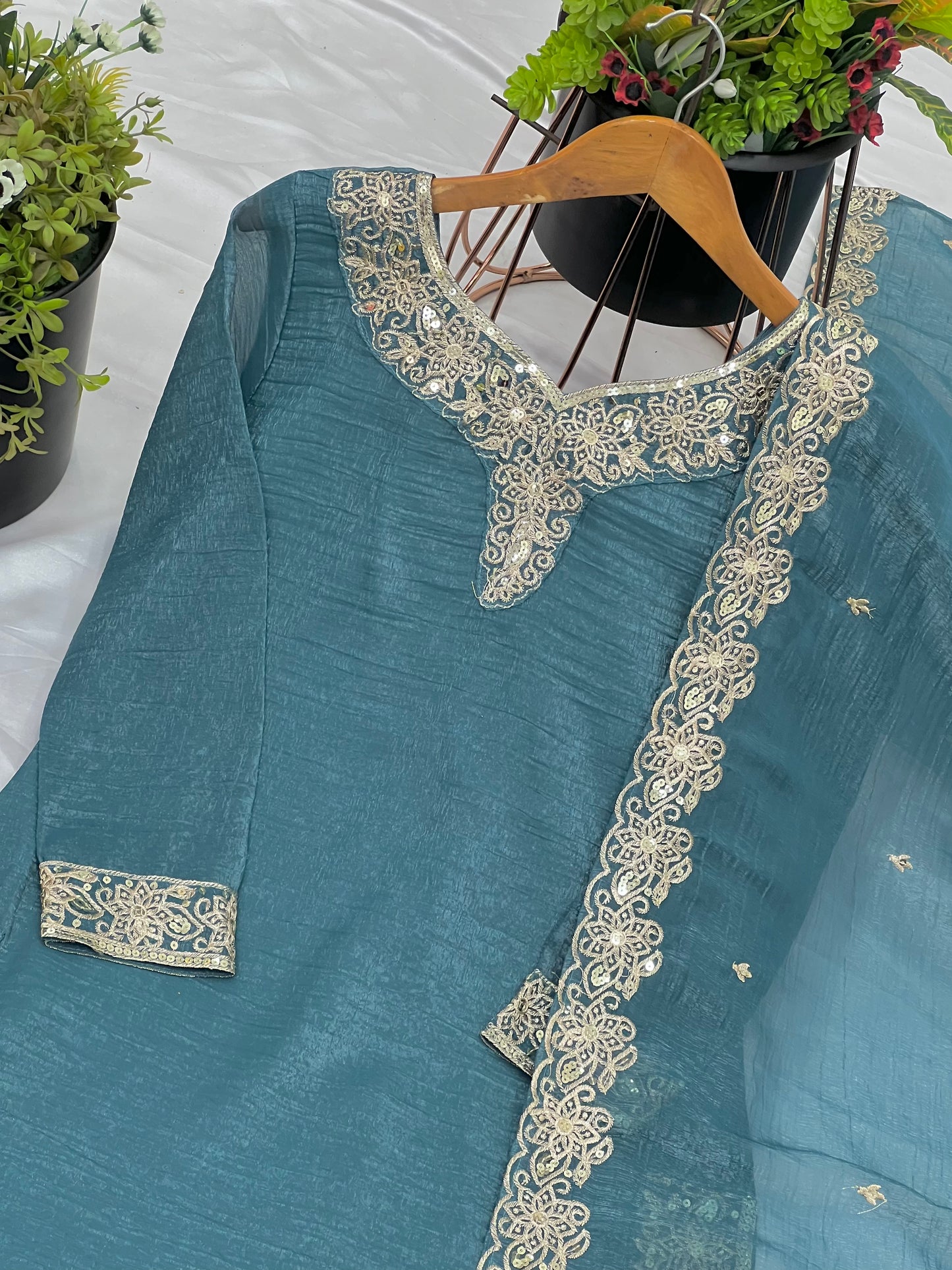 Elegant Rama Heavy Crunchy Silk Sharara Suit with Embroidery Sequence Work | Fully Stitched Designer Ethnic Wear for Women
