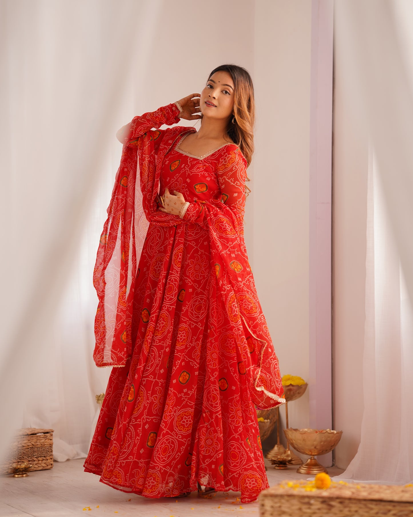 Red Bandhej Anarkali Gown Collection