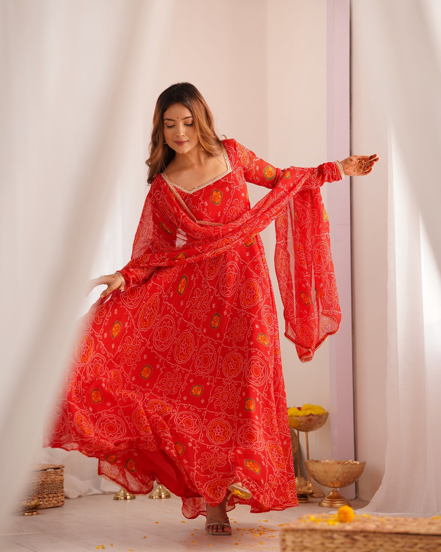 Red Bandhej Anarkali Gown Collection