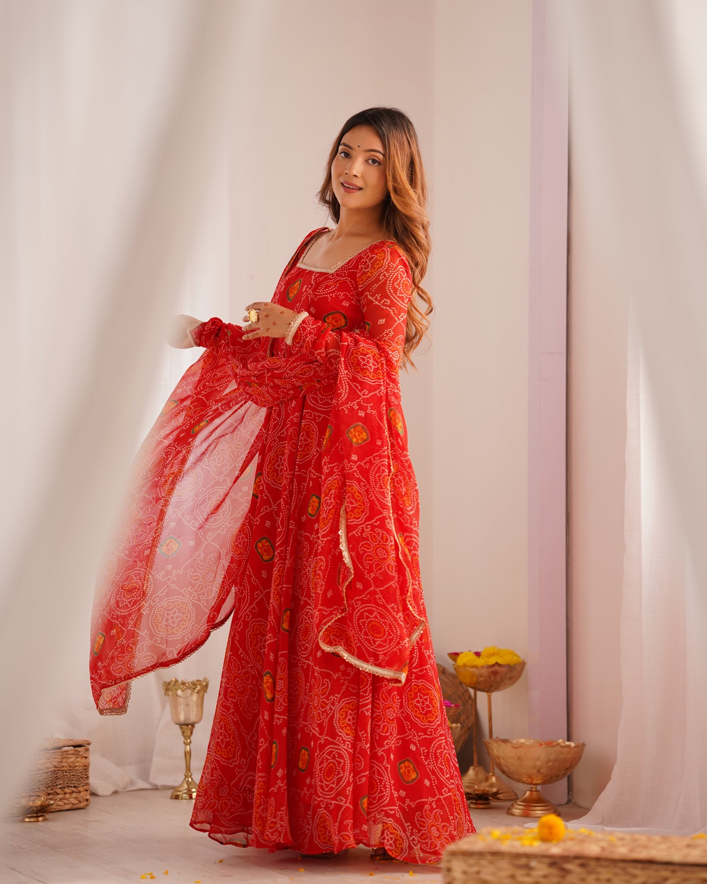 Red Bandhej Anarkali Gown Collection