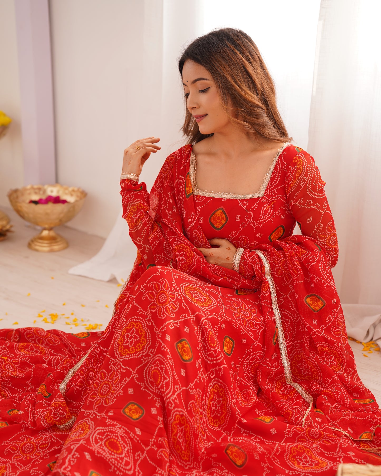Red Bandhej Anarkali Gown Collection
