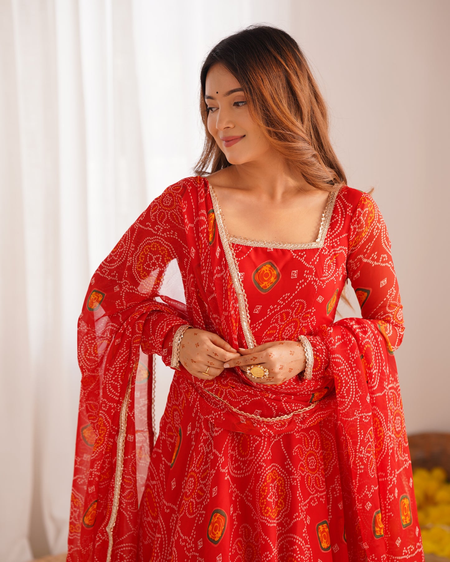Red Bandhej Anarkali Gown Collection