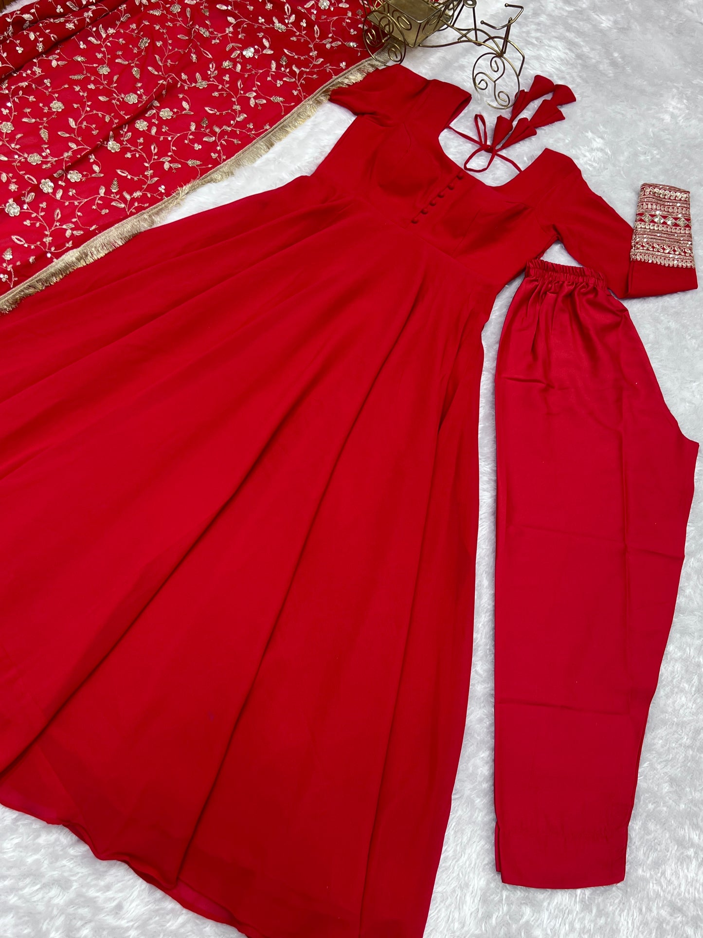 Luxurious Fox Georgette Red Gown Set with Heavy Sequins and Jari Work
