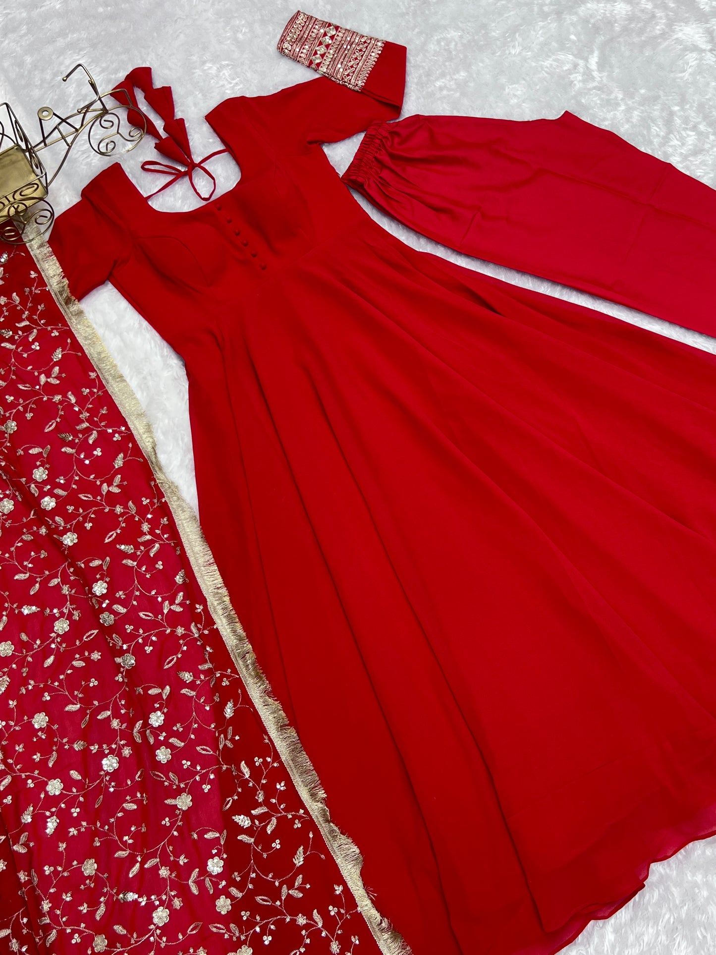 Luxurious Fox Georgette Red Gown Set with Heavy Sequins and Jari Work