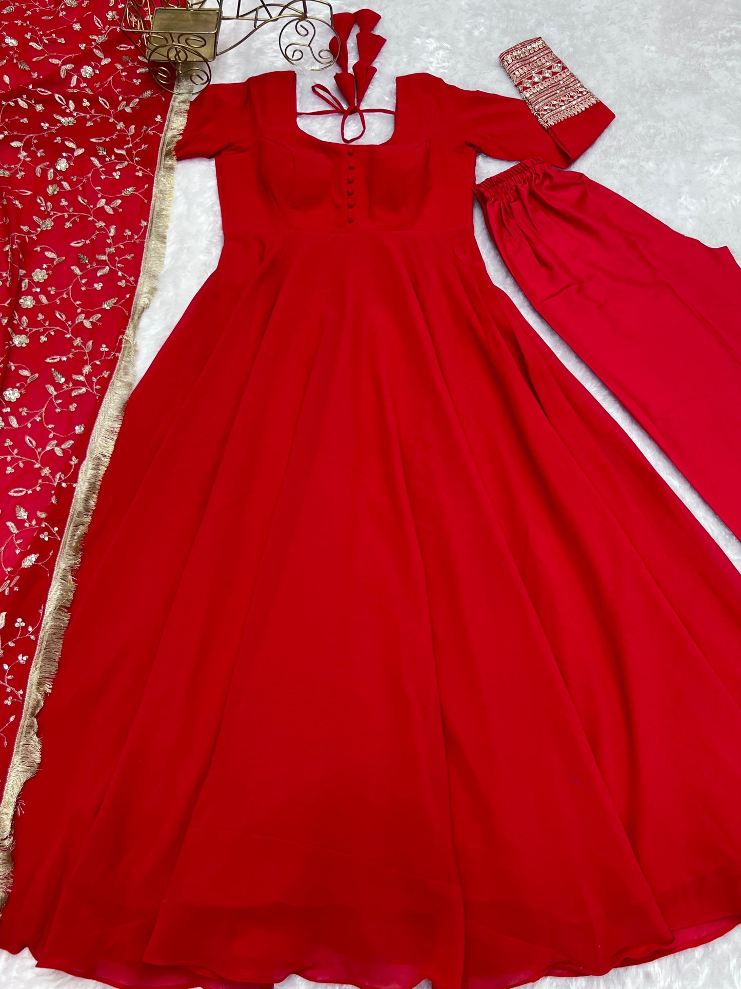 Luxurious Fox Georgette Red Gown Set with Heavy Sequins and Jari Work