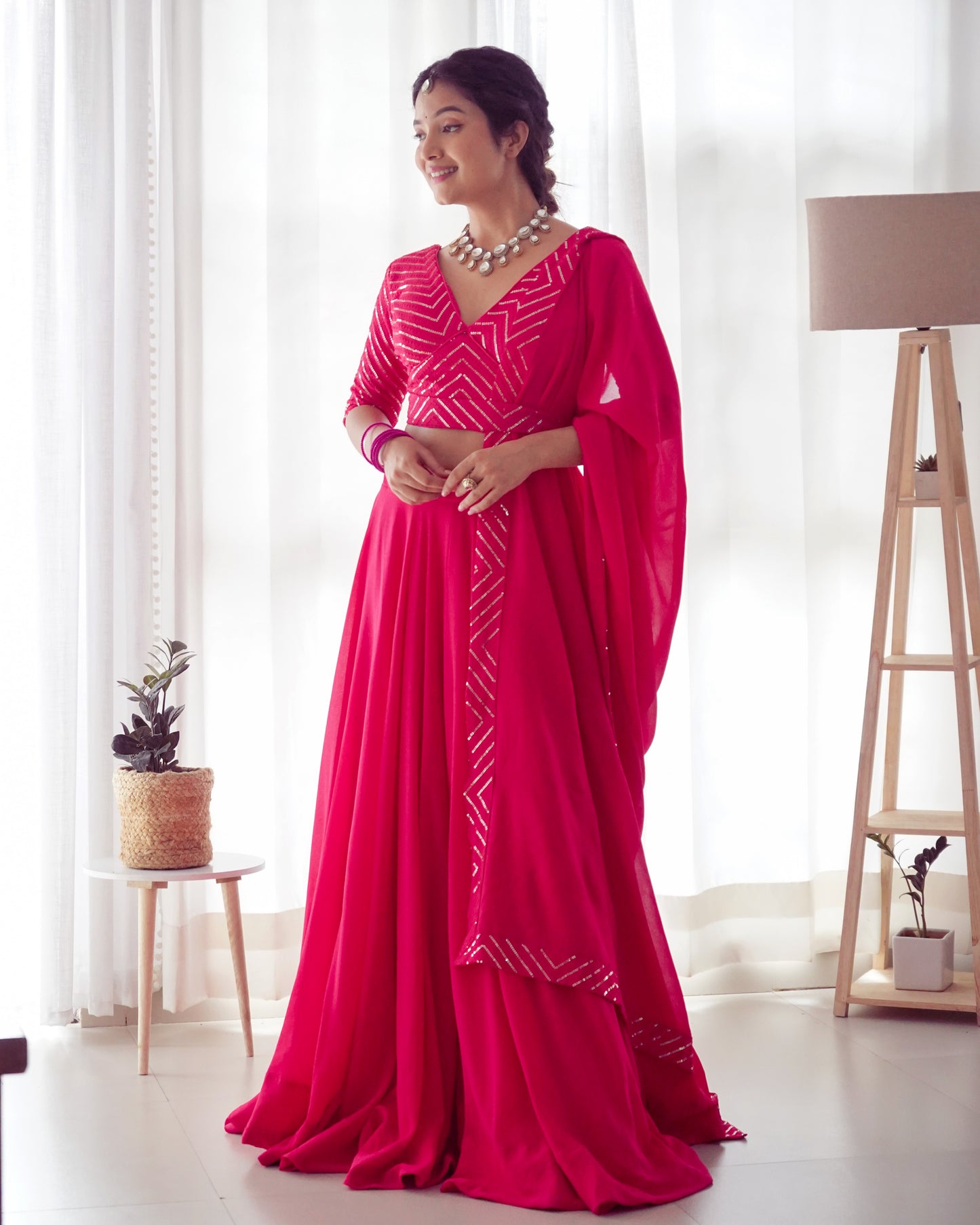 Ravishing Rani Pink Sequins Georgette Function Wear Lehenga Choli By Stylish Ethnic