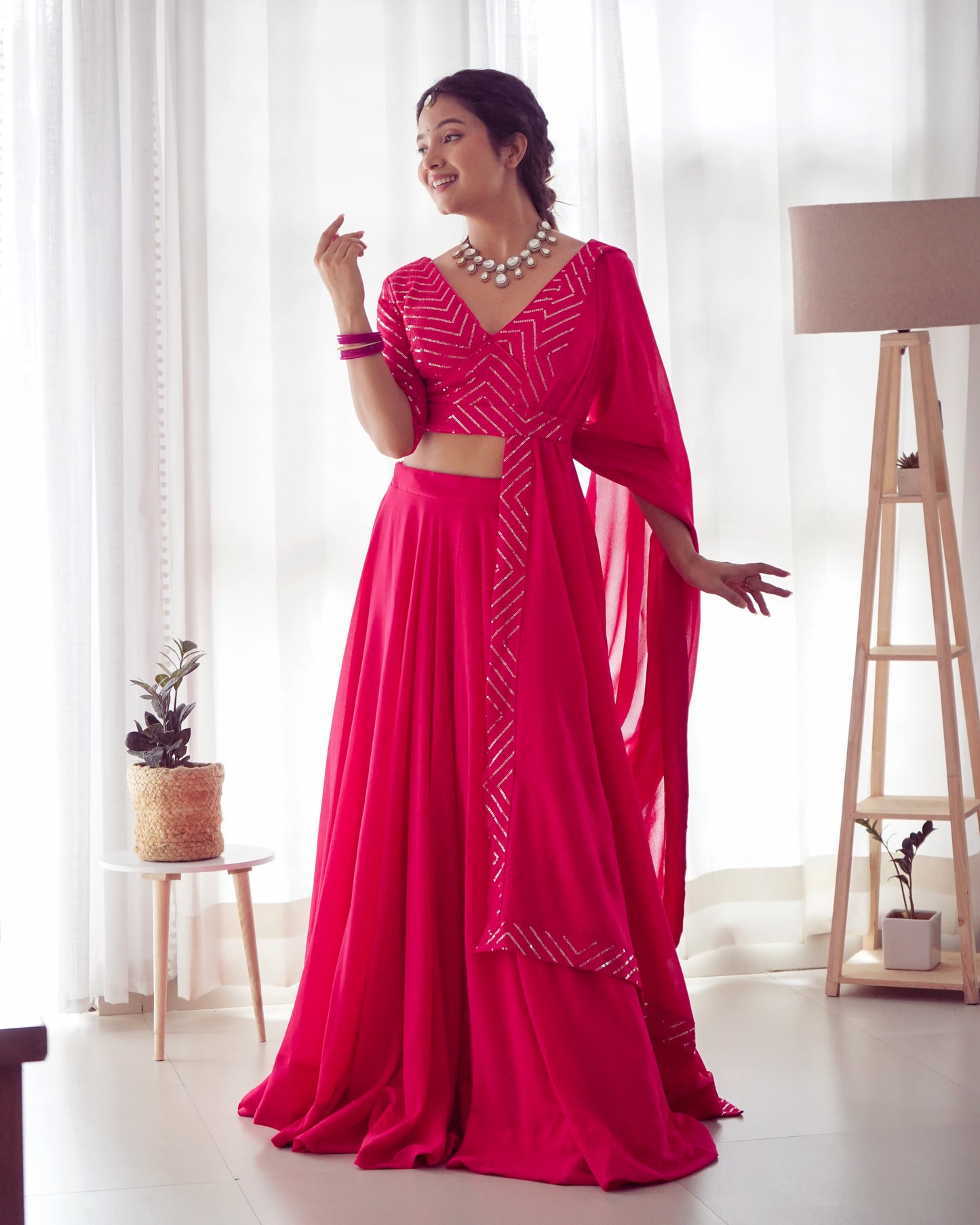 Ravishing Rani Pink Sequins Georgette Function Wear Lehenga Choli By Stylish Ethnic