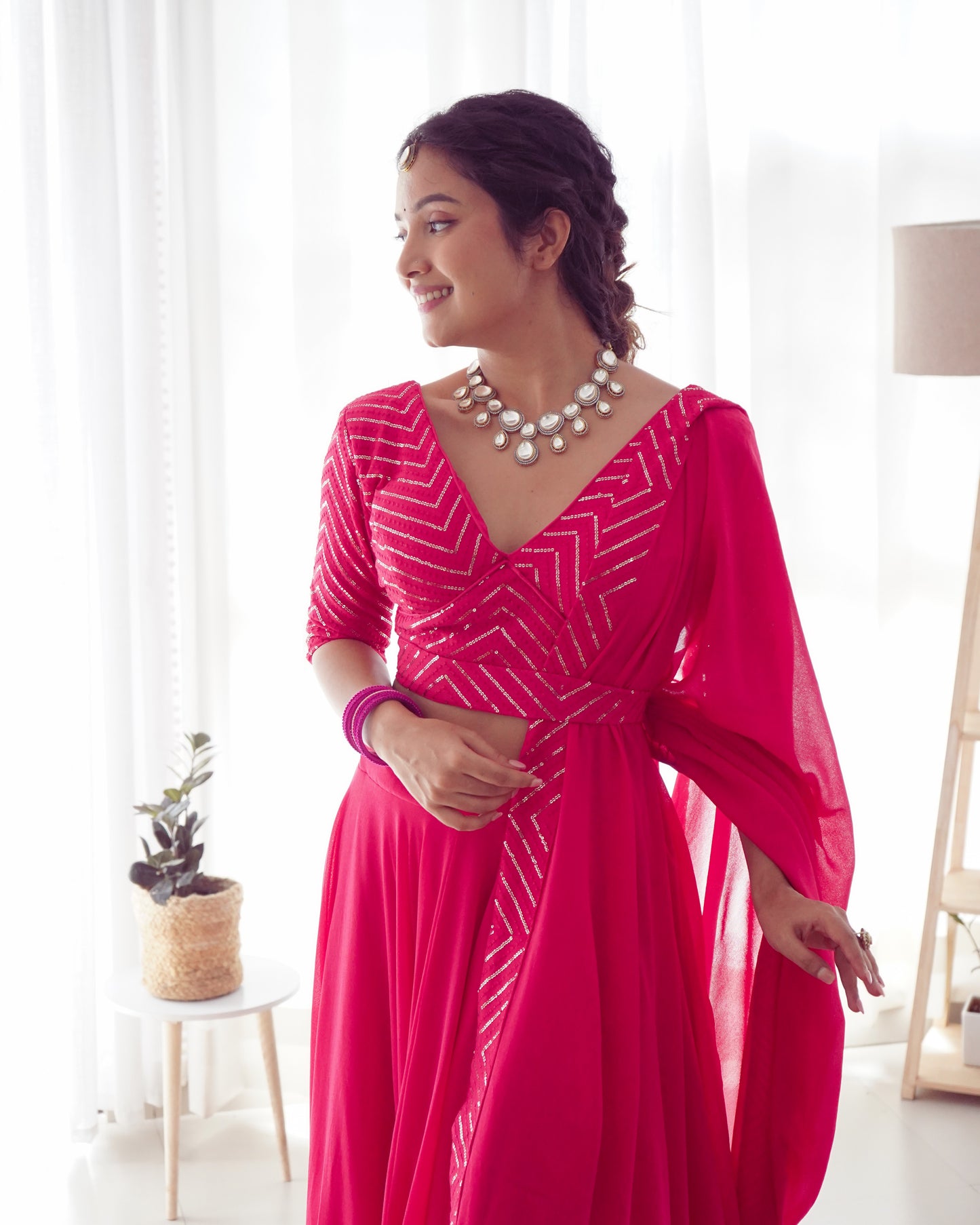 Ravishing Rani Pink Sequins Georgette Function Wear Lehenga Choli By Stylish Ethnic