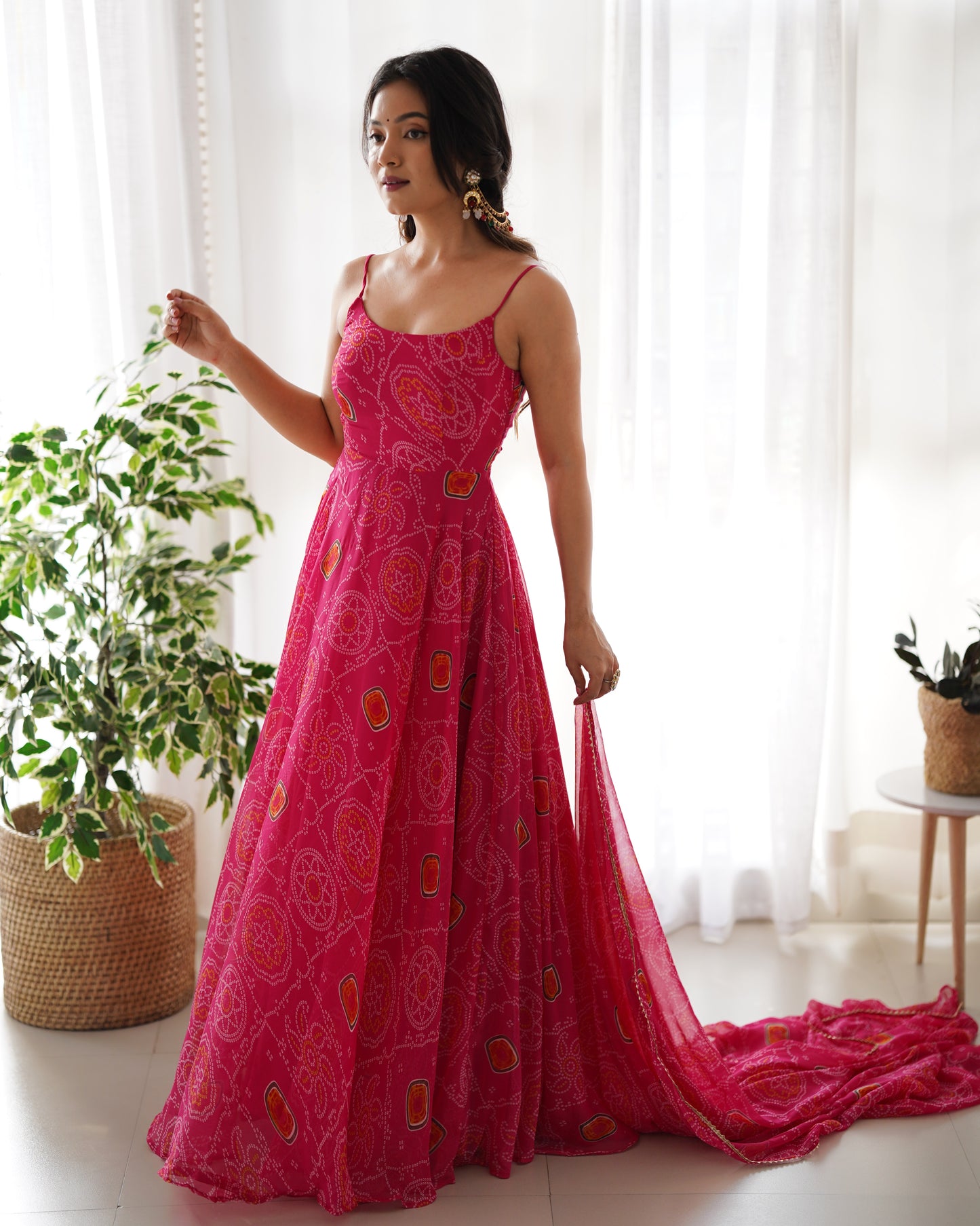 Floral Pink Color Bandhani Print Soft Chiffon Three Piece Anarkali Gown By Stylish Ethnic