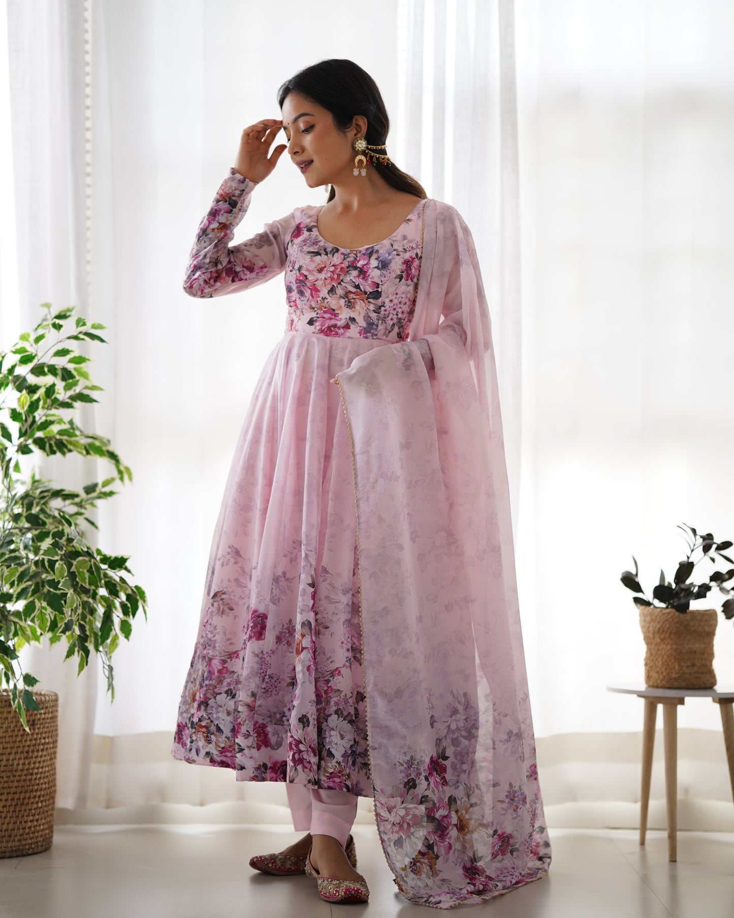 Pink Organza Silk Printed Anarkali Suit By Stylish Ethnic
