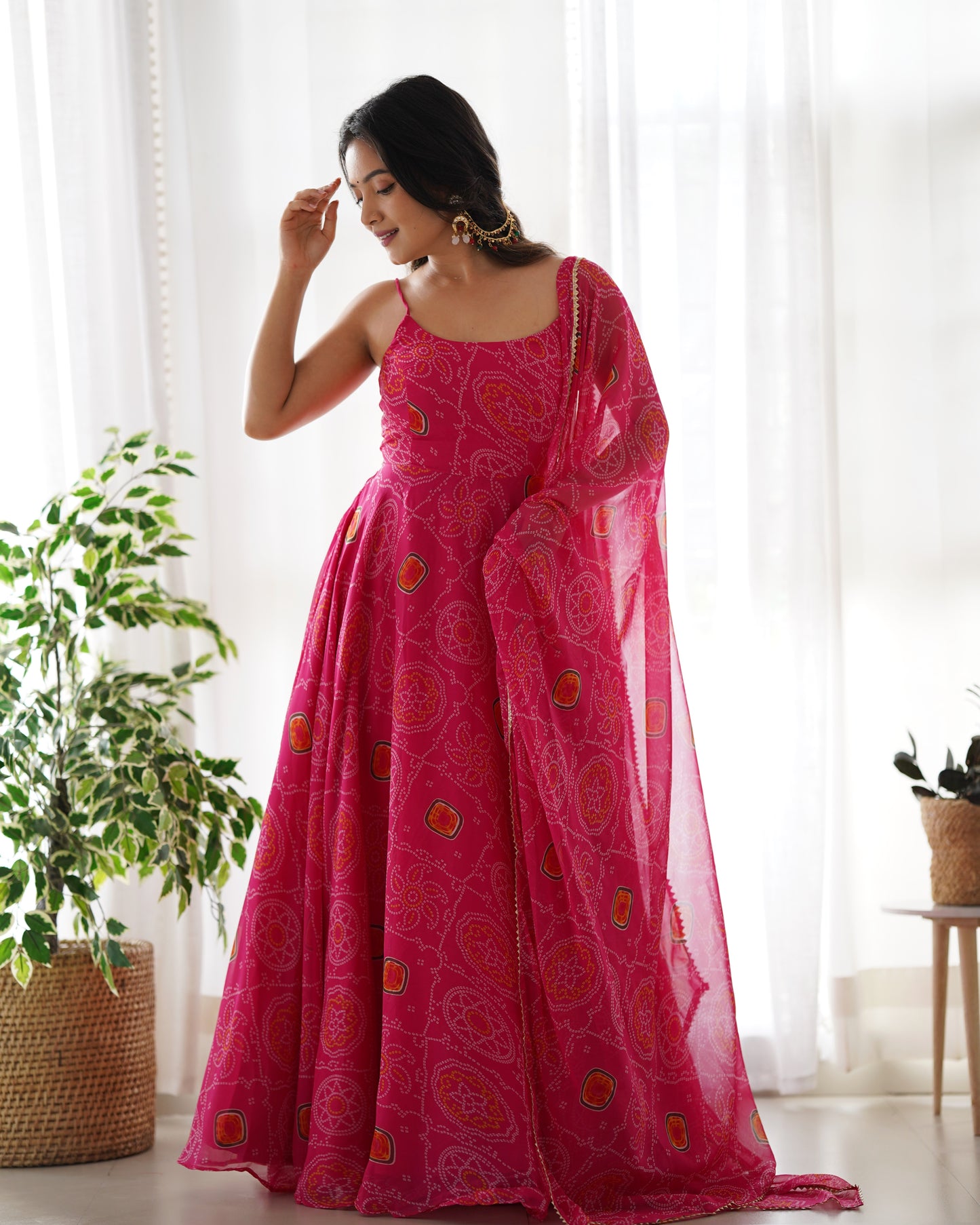 Floral Pink Color Bandhani Print Soft Chiffon Three Piece Anarkali Gown By Stylish Ethnic