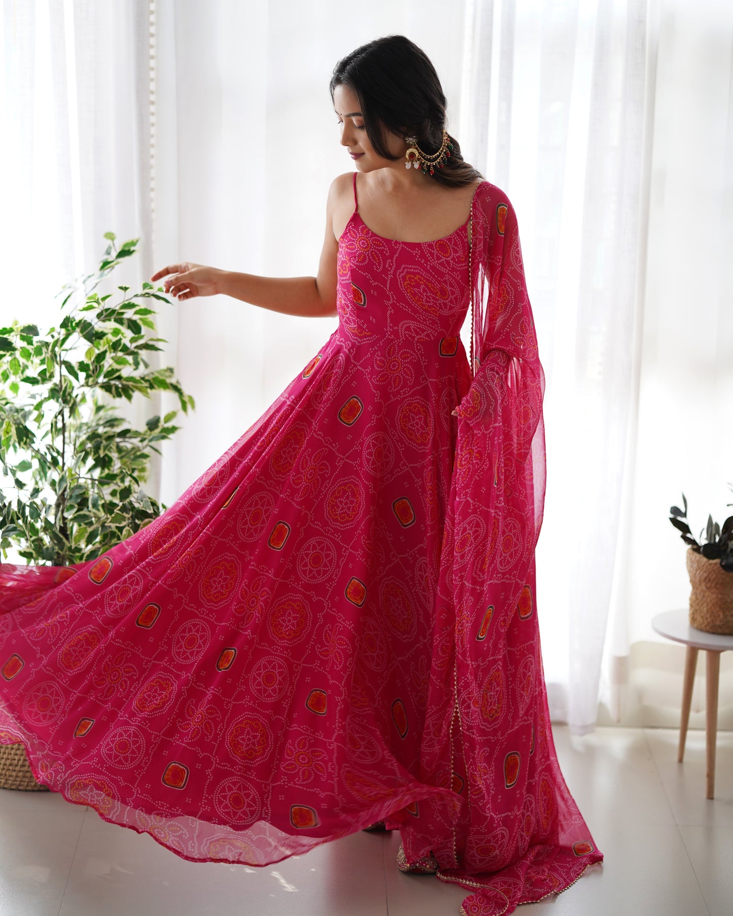 Floral Pink Color Bandhani Print Soft Chiffon Three Piece Anarkali Gown By Stylish Ethnic