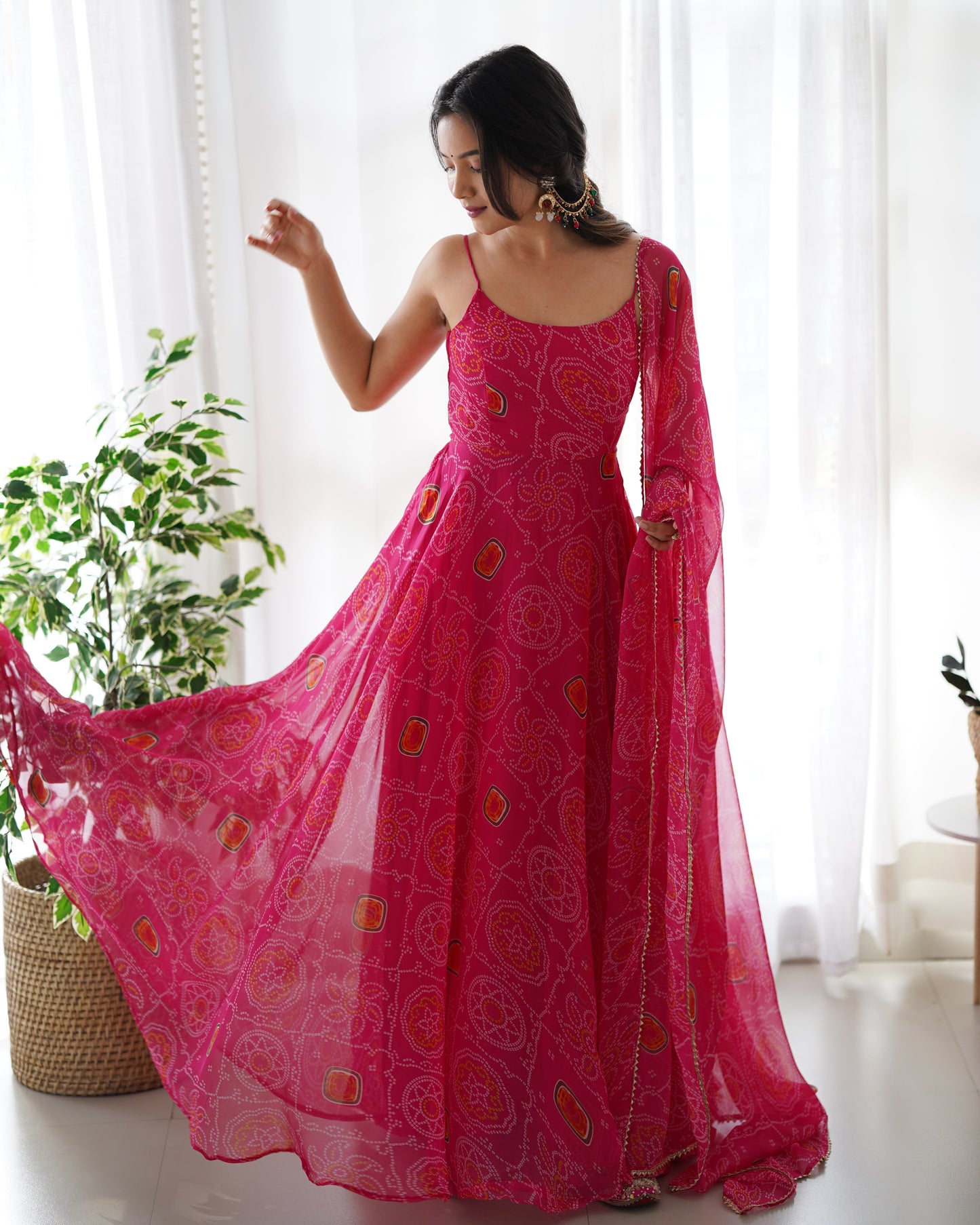 Floral Pink Color Bandhani Print Soft Chiffon Three Piece Anarkali Gown By Stylish Ethnic