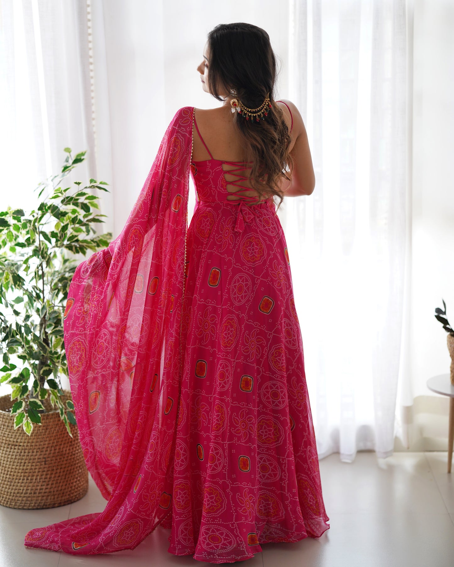 Floral Pink Color Bandhani Print Soft Chiffon Three Piece Anarkali Gown By Stylish Ethnic