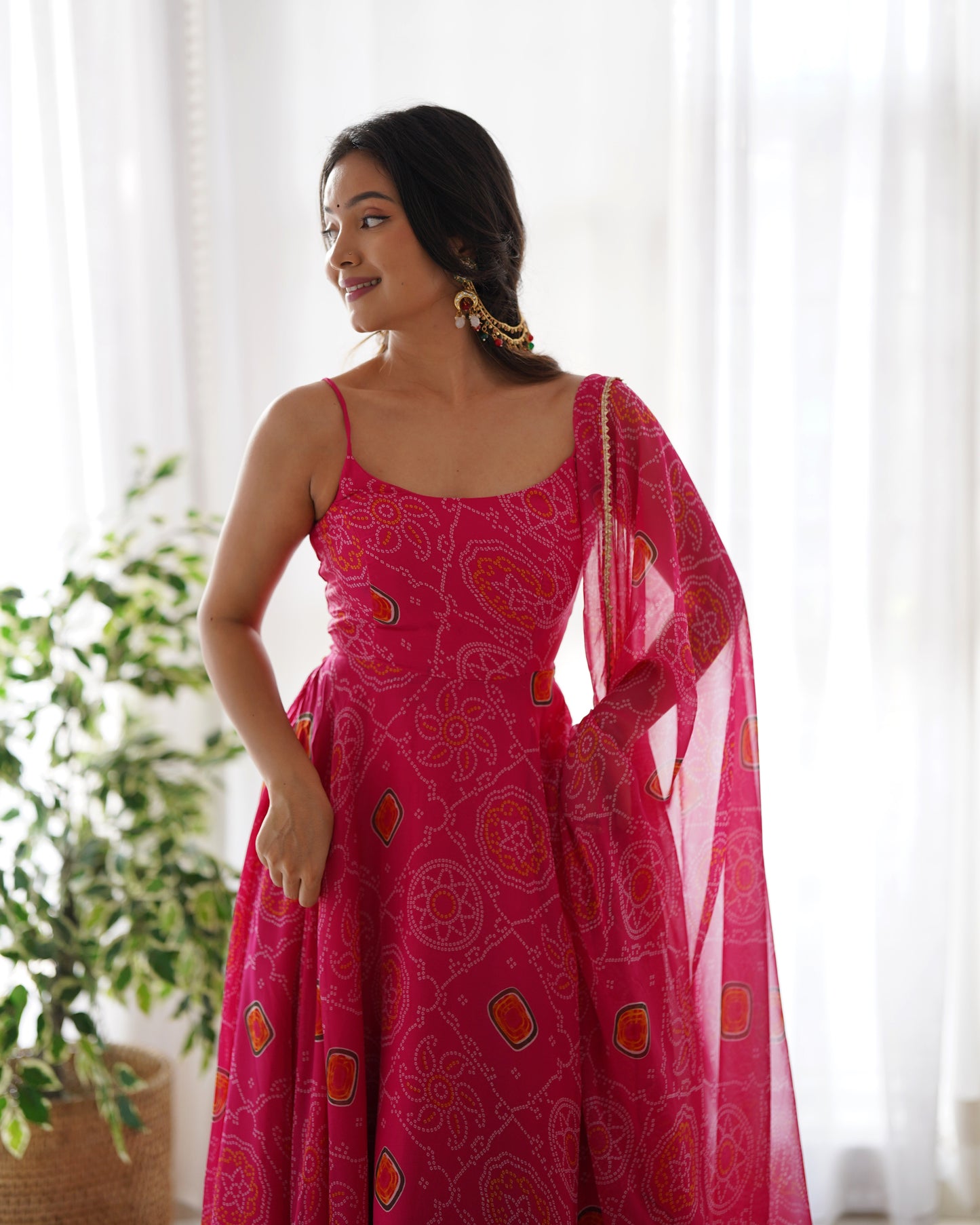 Floral Pink Color Bandhani Print Soft Chiffon Three Piece Anarkali Gown By Stylish Ethnic