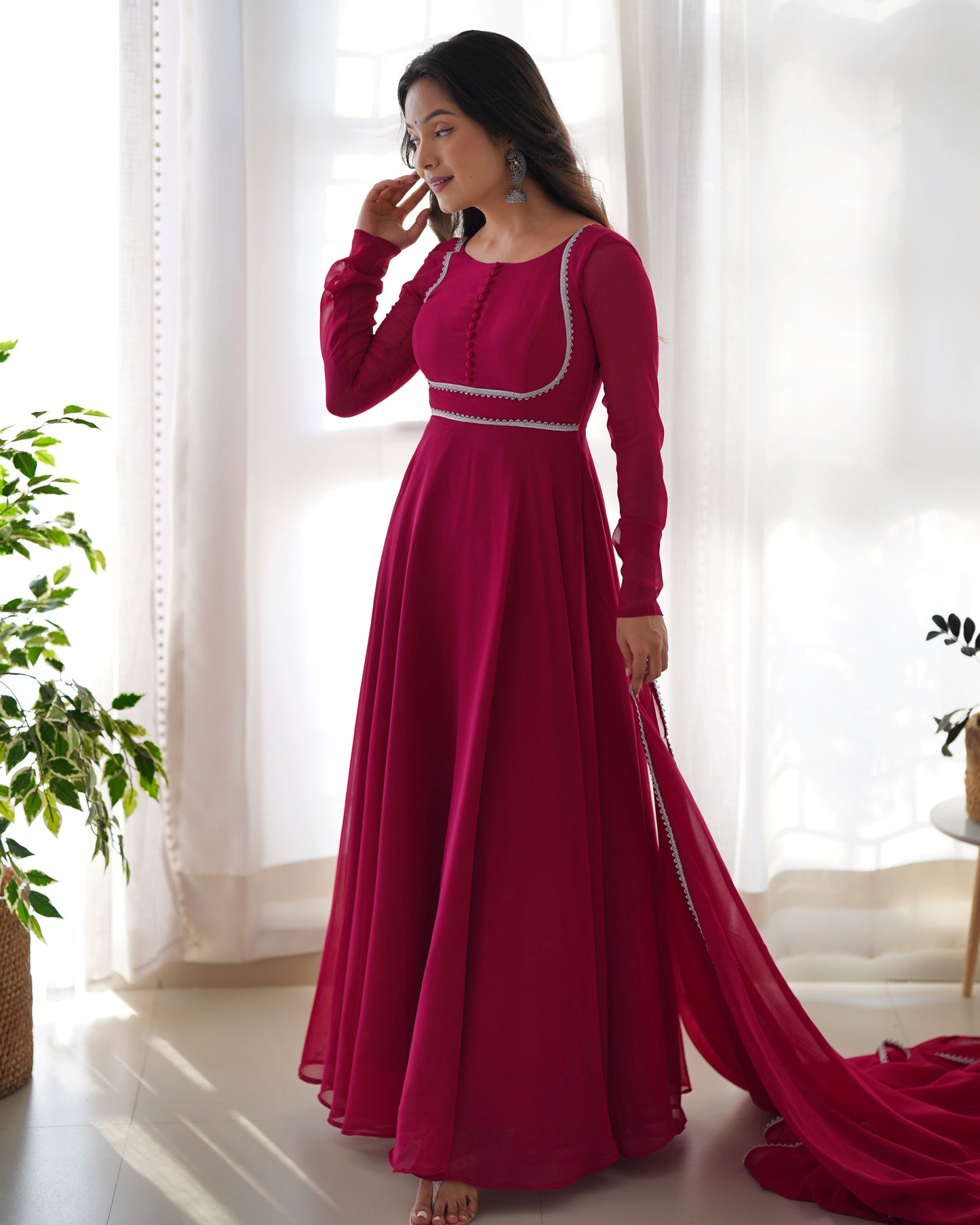 Fascinating Rani Pink Georgette Festival Wear Gown With Dupatta By Stylish Ethnic
