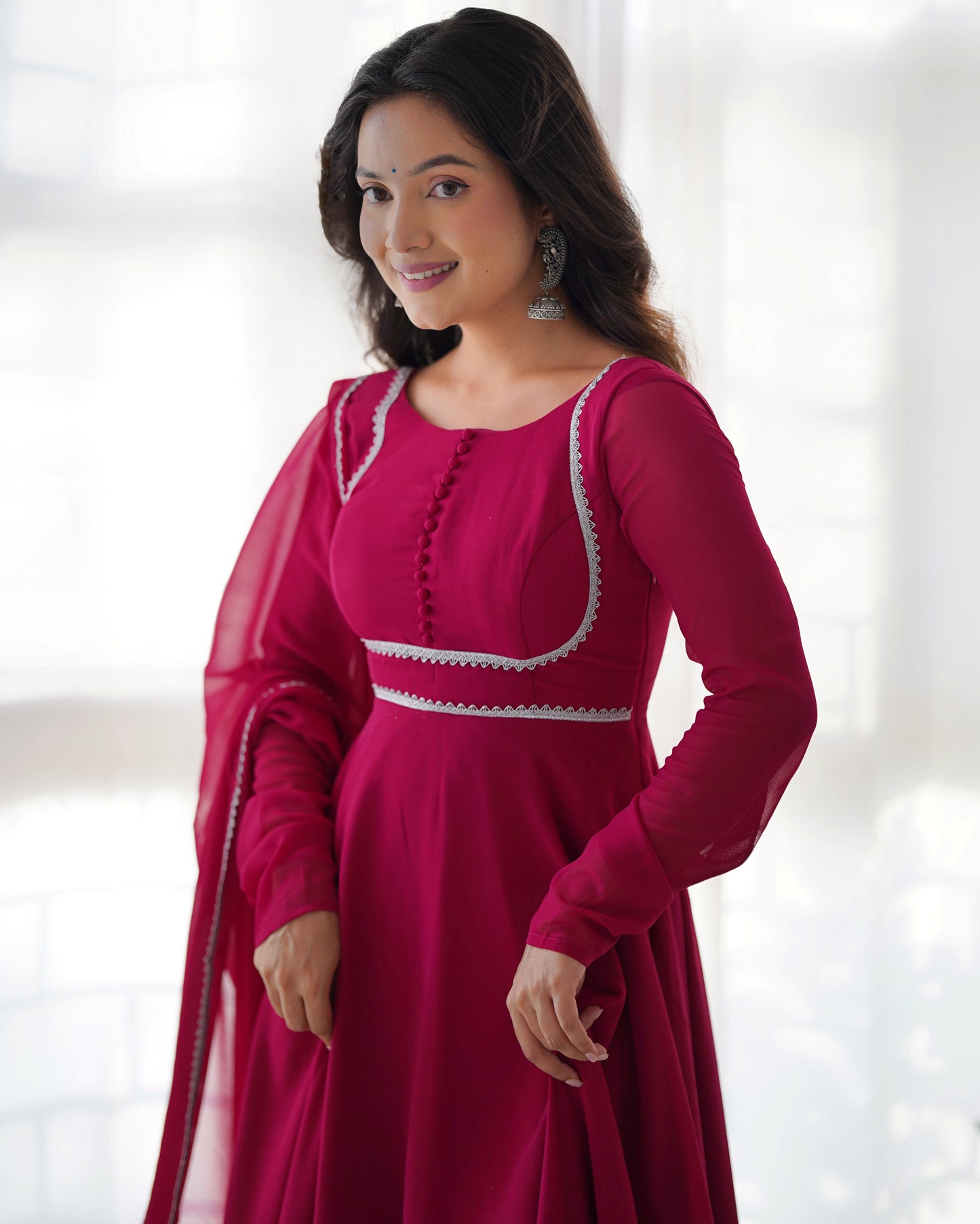 Fascinating Rani Pink Georgette Festival Wear Gown With Dupatta By Stylish Ethnic