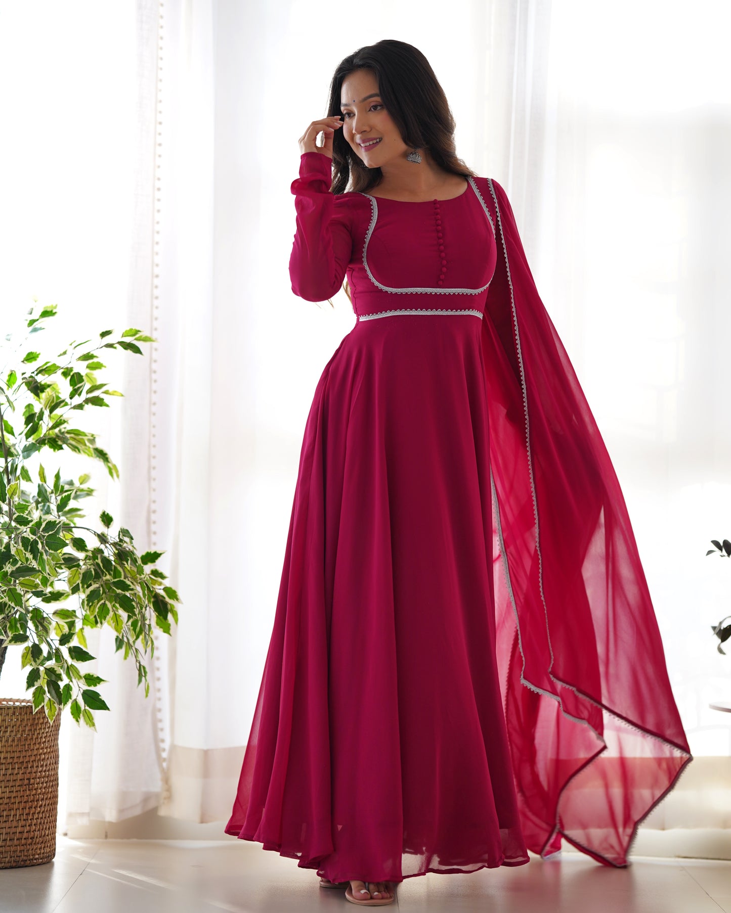 Fascinating Rani Pink Georgette Festival Wear Gown With Dupatta By Stylish Ethnic