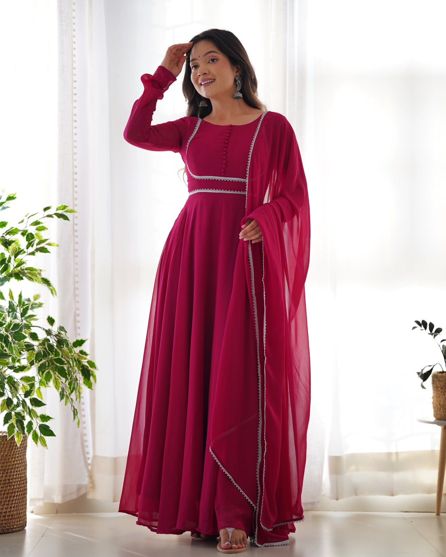 Fascinating Rani Pink Georgette Festival Wear Gown With Dupatta By Stylish Ethnic