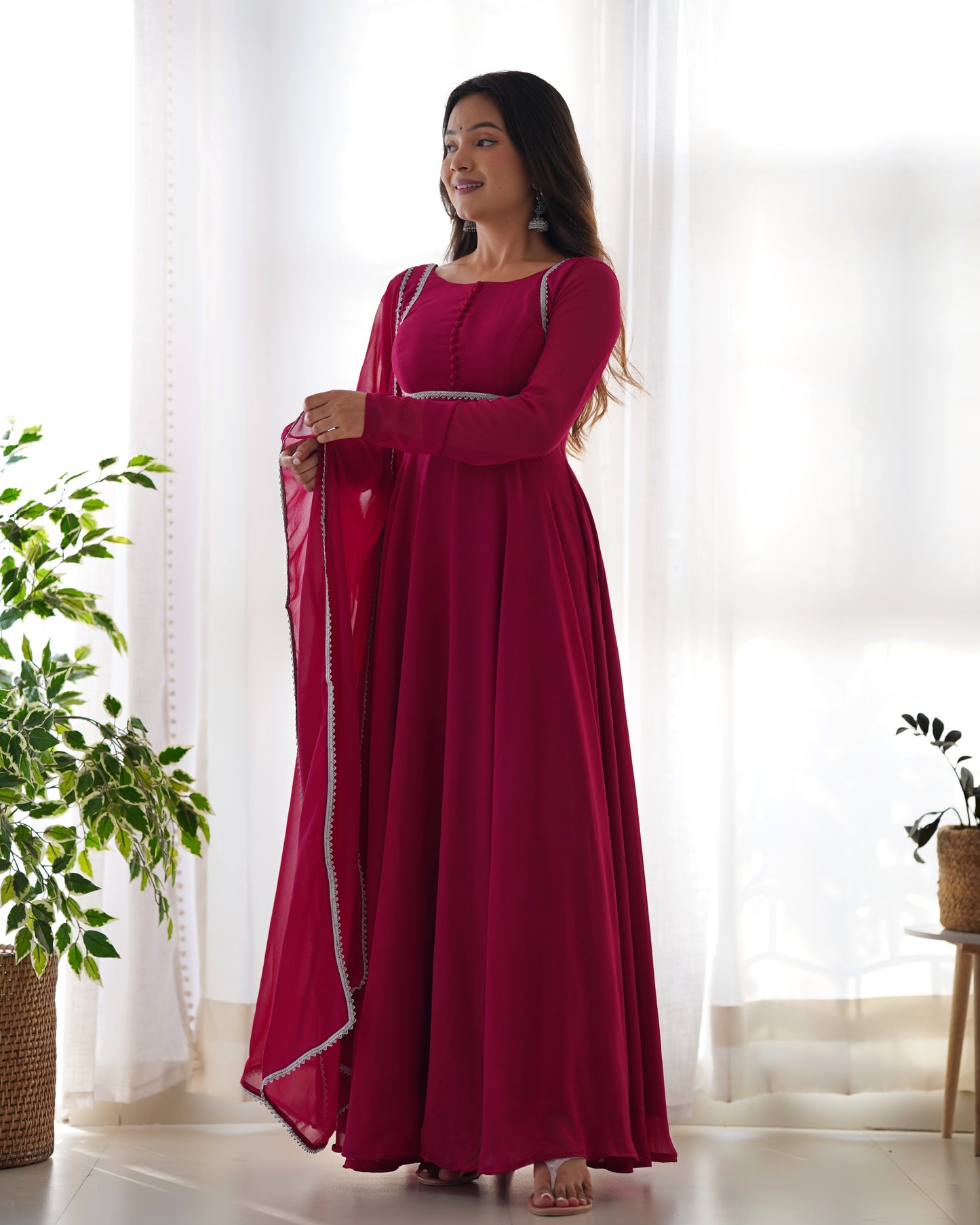 Fascinating Rani Pink Georgette Festival Wear Gown With Dupatta By Stylish Ethnic