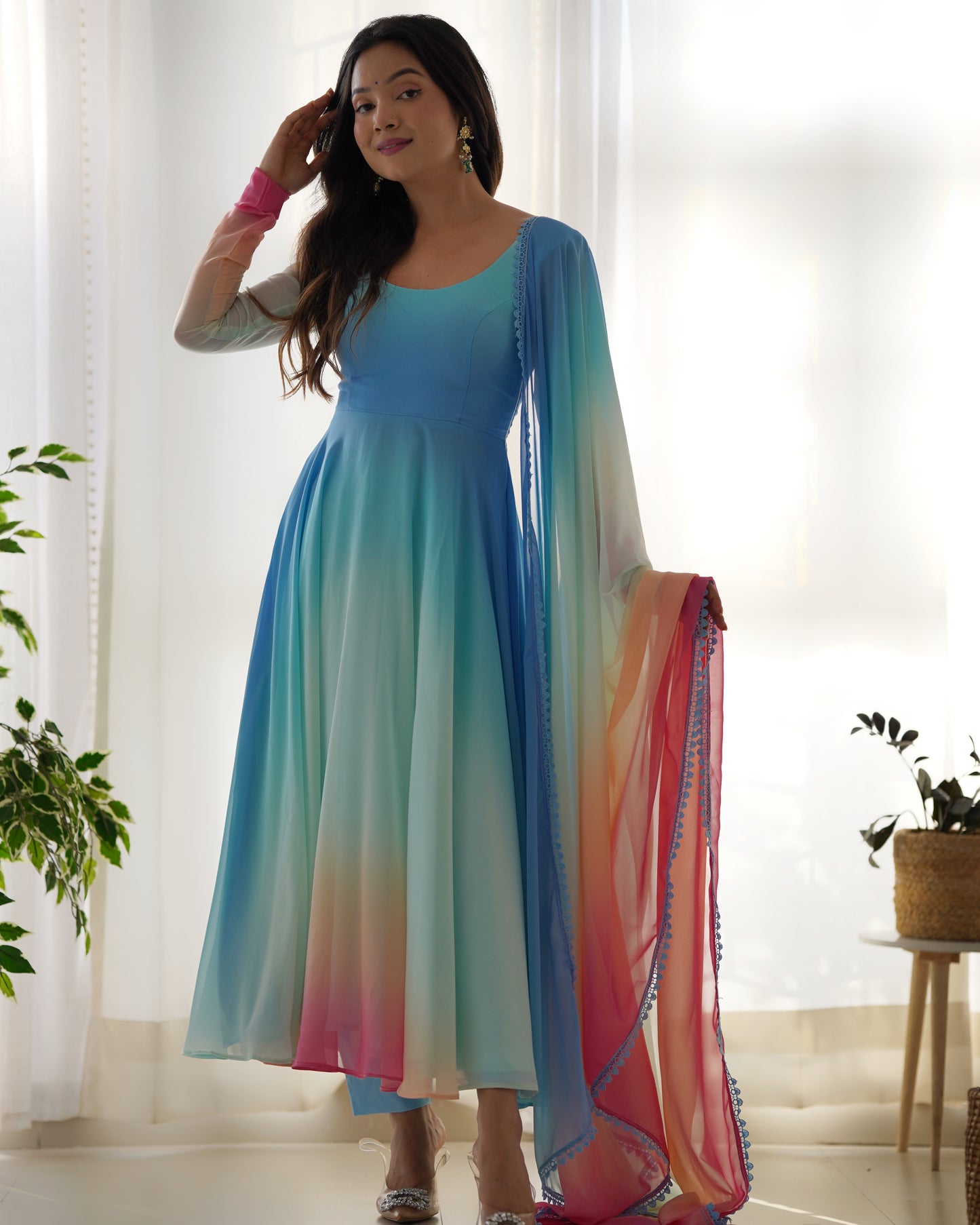 Multicolor Digital Print Faux Georgette Kurta Set By Stylish Ethnic