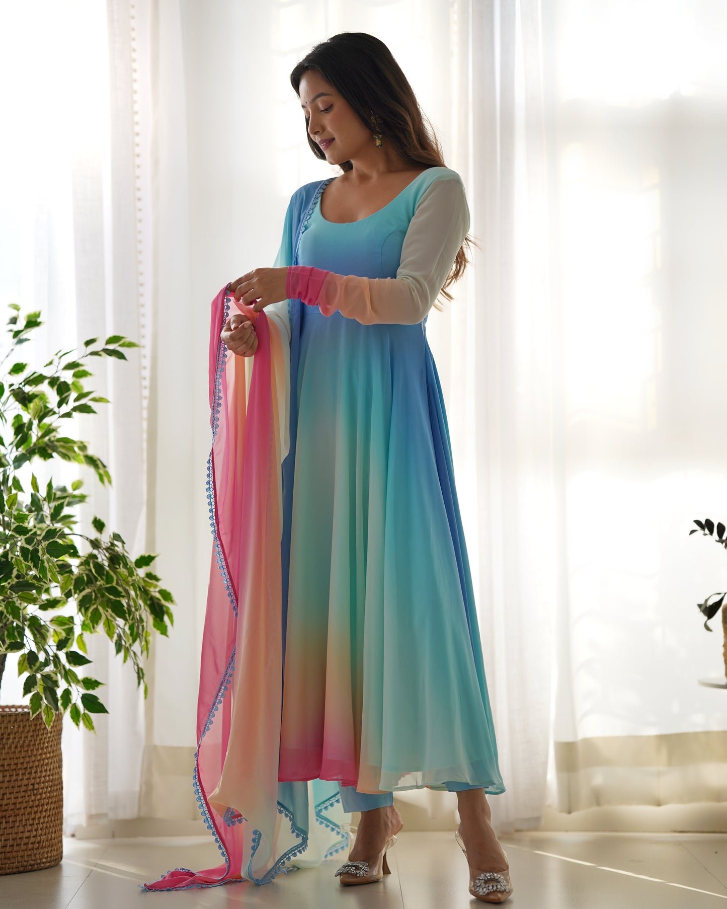 Multicolor Digital Print Faux Georgette Kurta Set By Stylish Ethnic