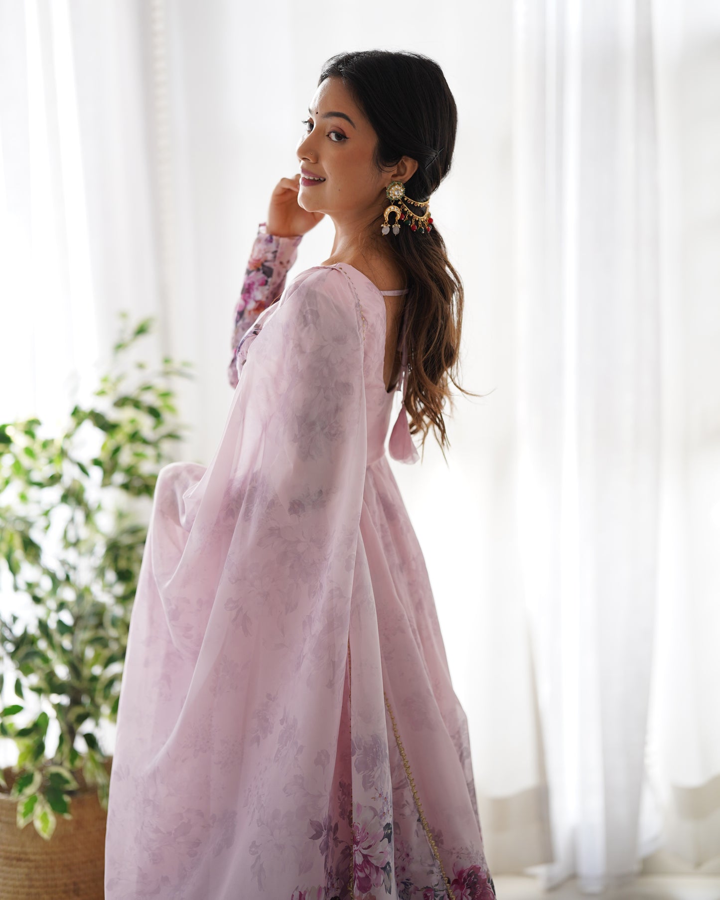 Pink Organza Silk Printed Anarkali Suit By Stylish Ethnic