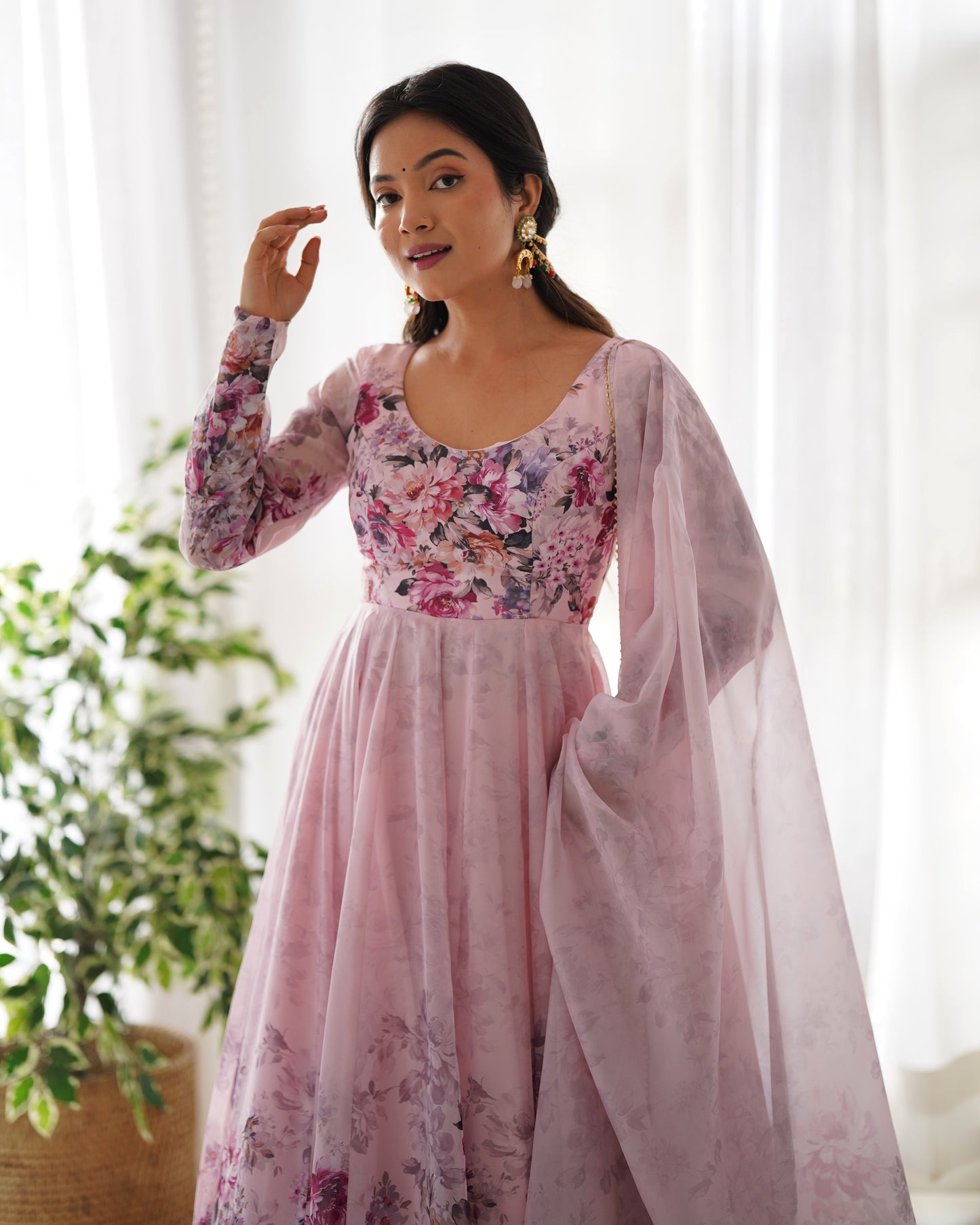 Pink Organza Silk Printed Anarkali Suit By Stylish Ethnic