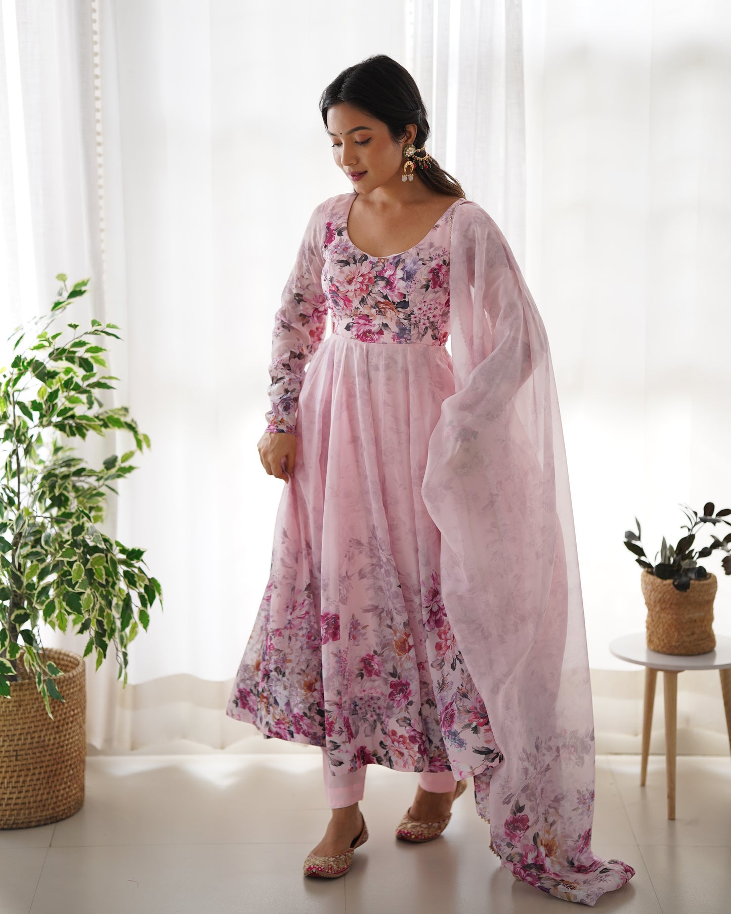 Pink Organza Silk Printed Anarkali Suit By Stylish Ethnic