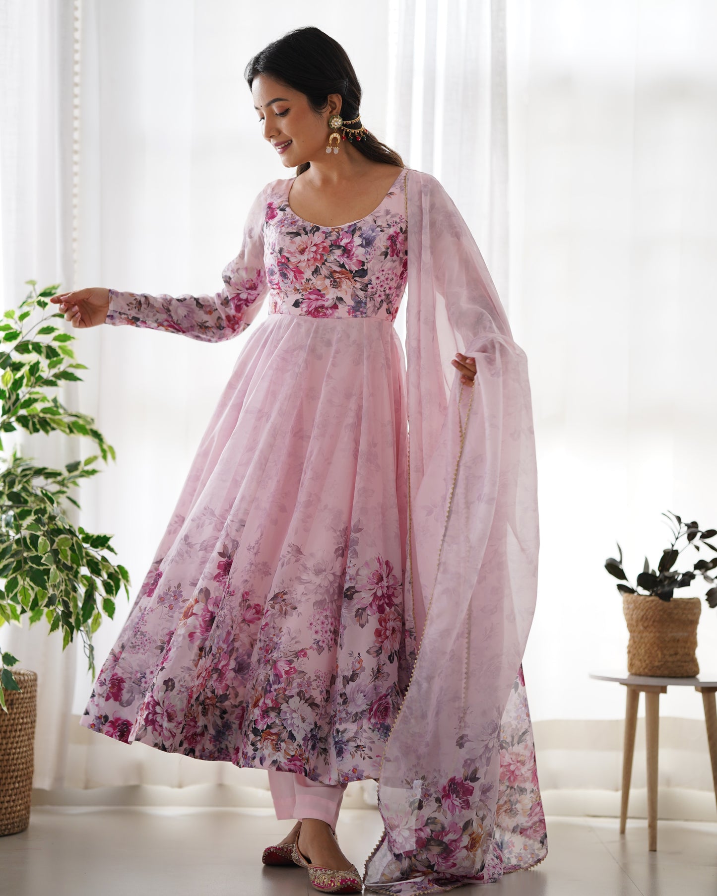 Pink Organza Silk Printed Anarkali Suit By Stylish Ethnic