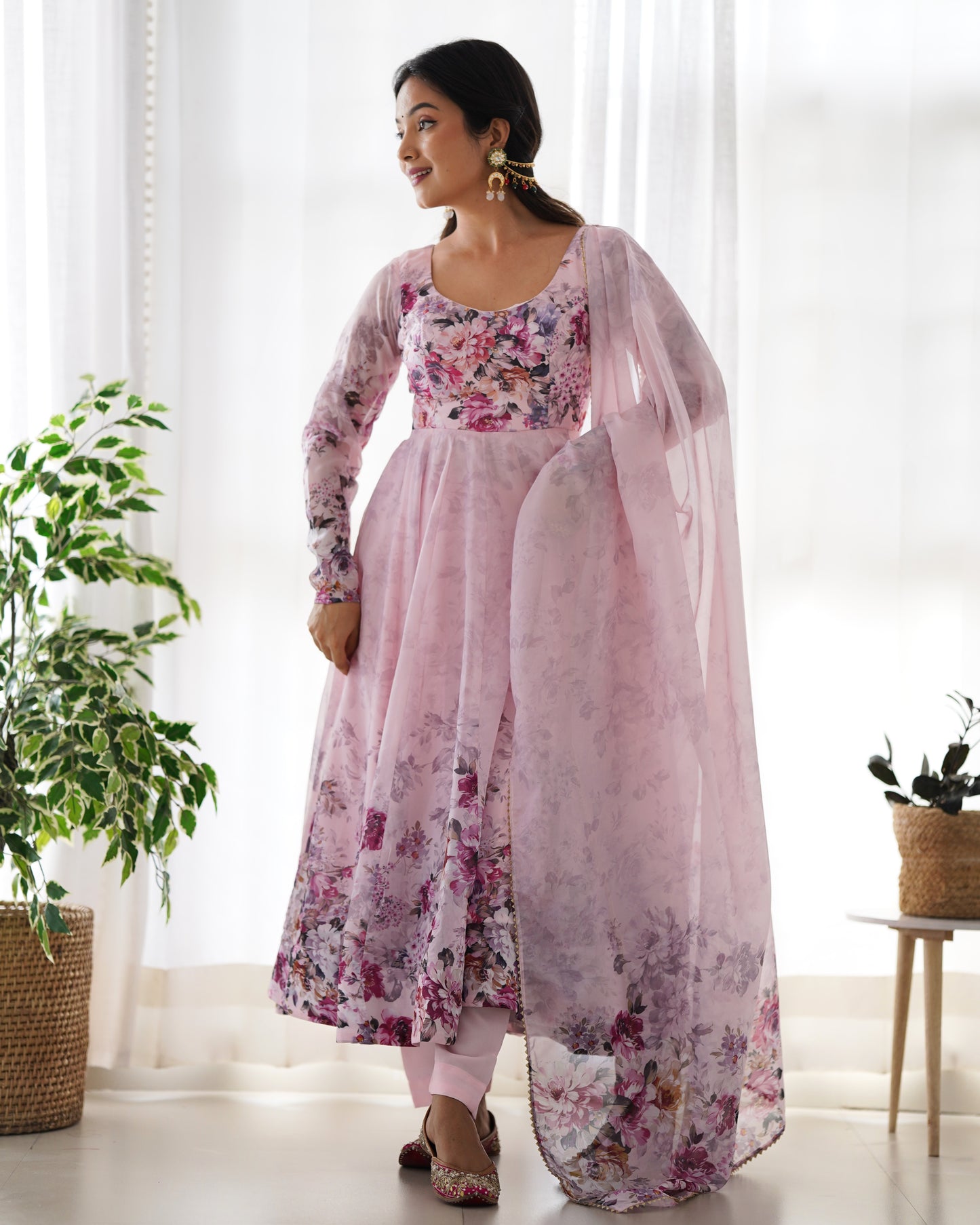 Pink Organza Silk Printed Anarkali Suit By Stylish Ethnic