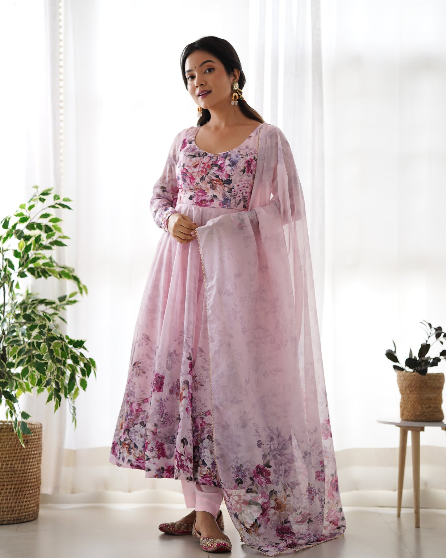 Pink Organza Silk Printed Anarkali Suit By Stylish Ethnic