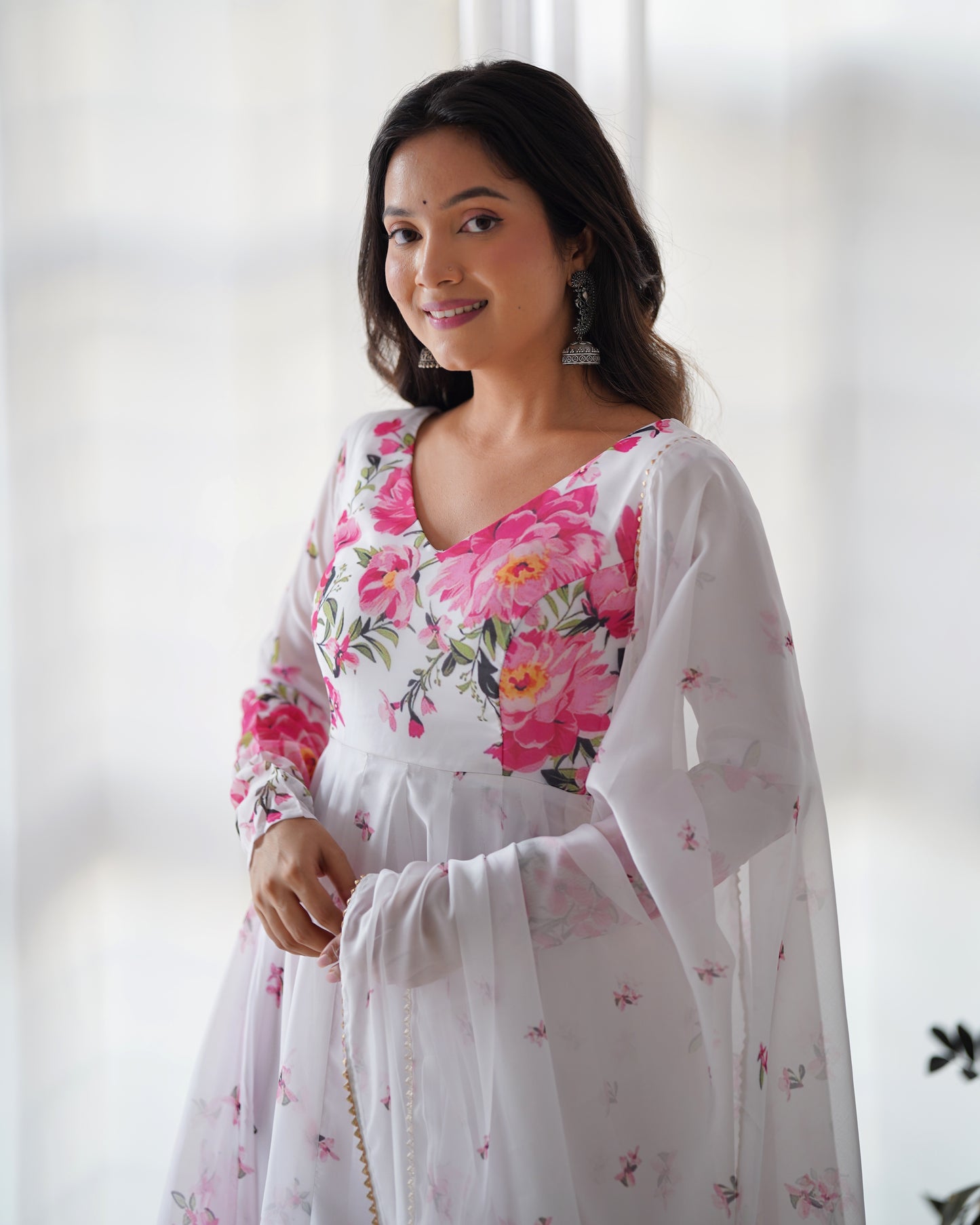 White & Pink floral Organza Anarkali By Stylish Ethnic