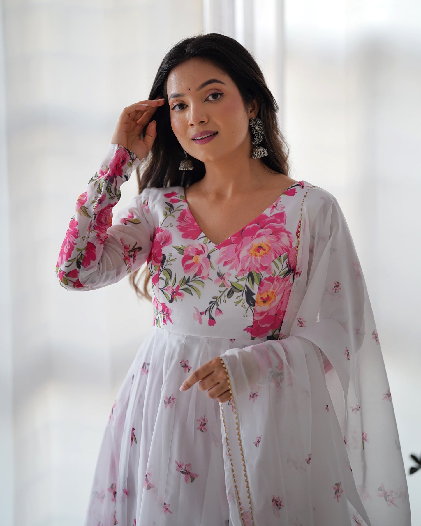 White & Pink floral Organza Anarkali By Stylish Ethnic