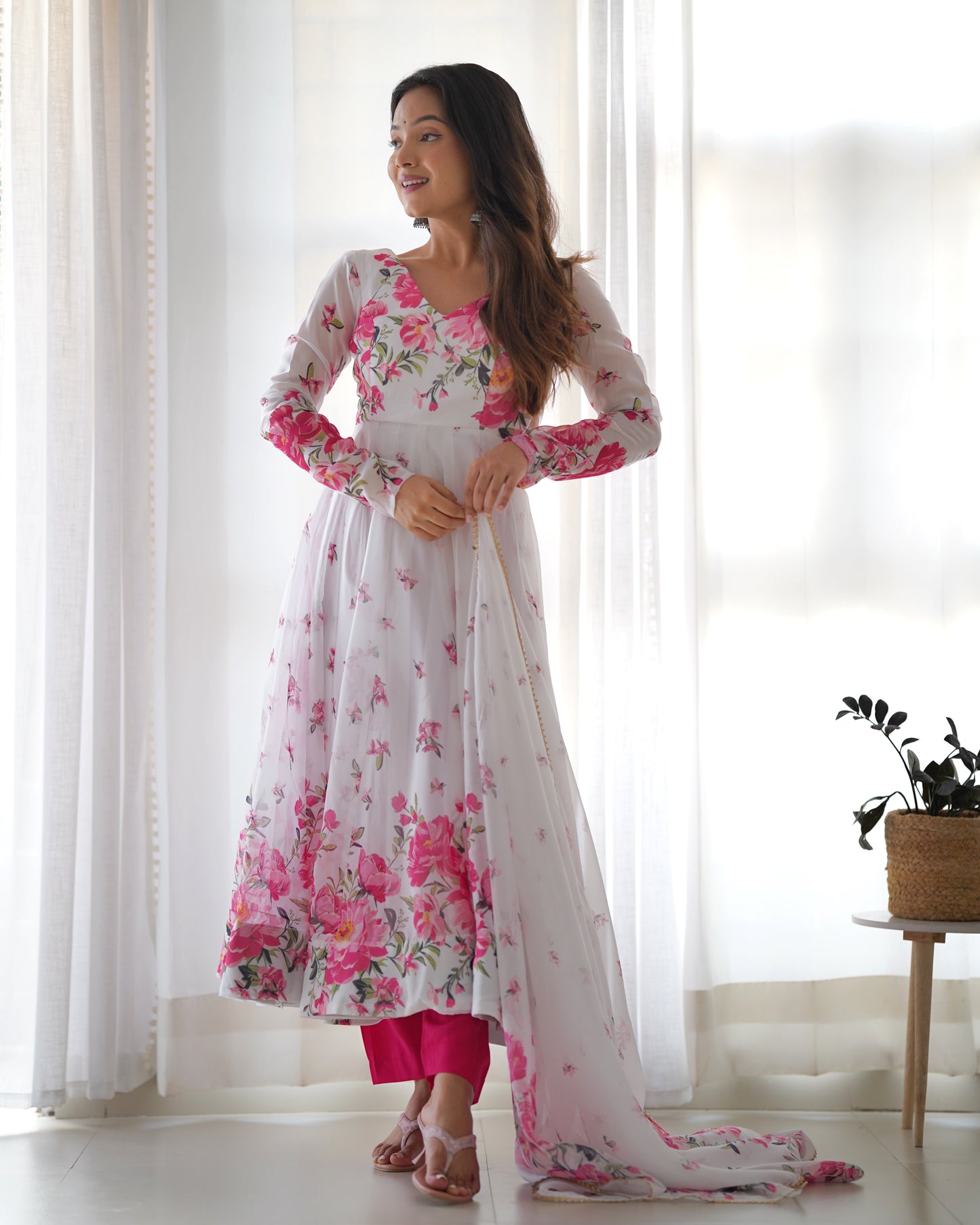 White & Pink floral Organza Anarkali By Stylish Ethnic