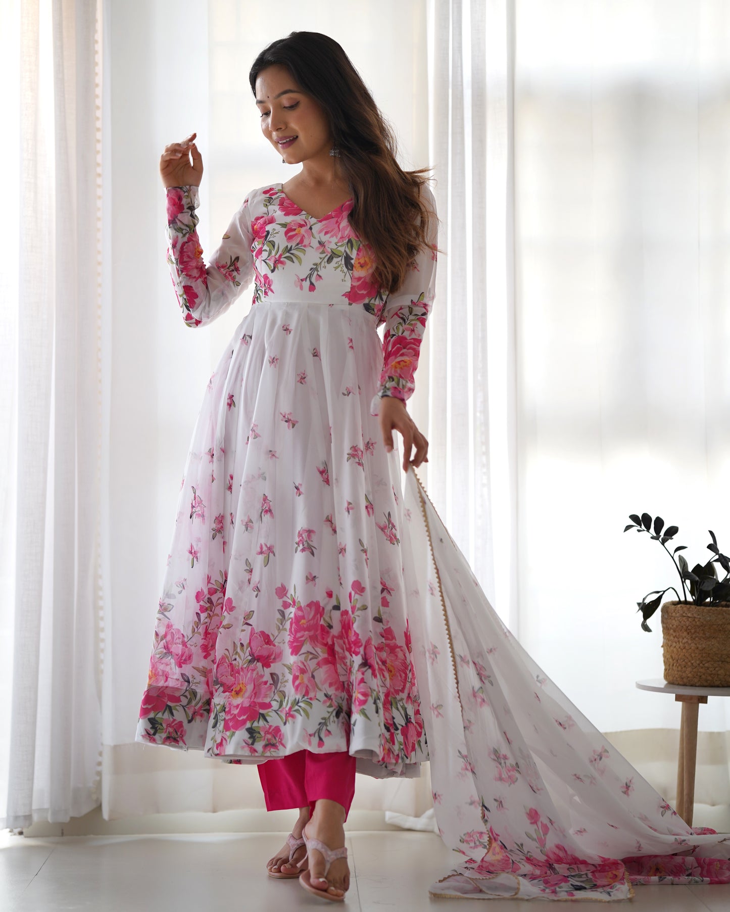 White & Pink floral Organza Anarkali By Stylish Ethnic