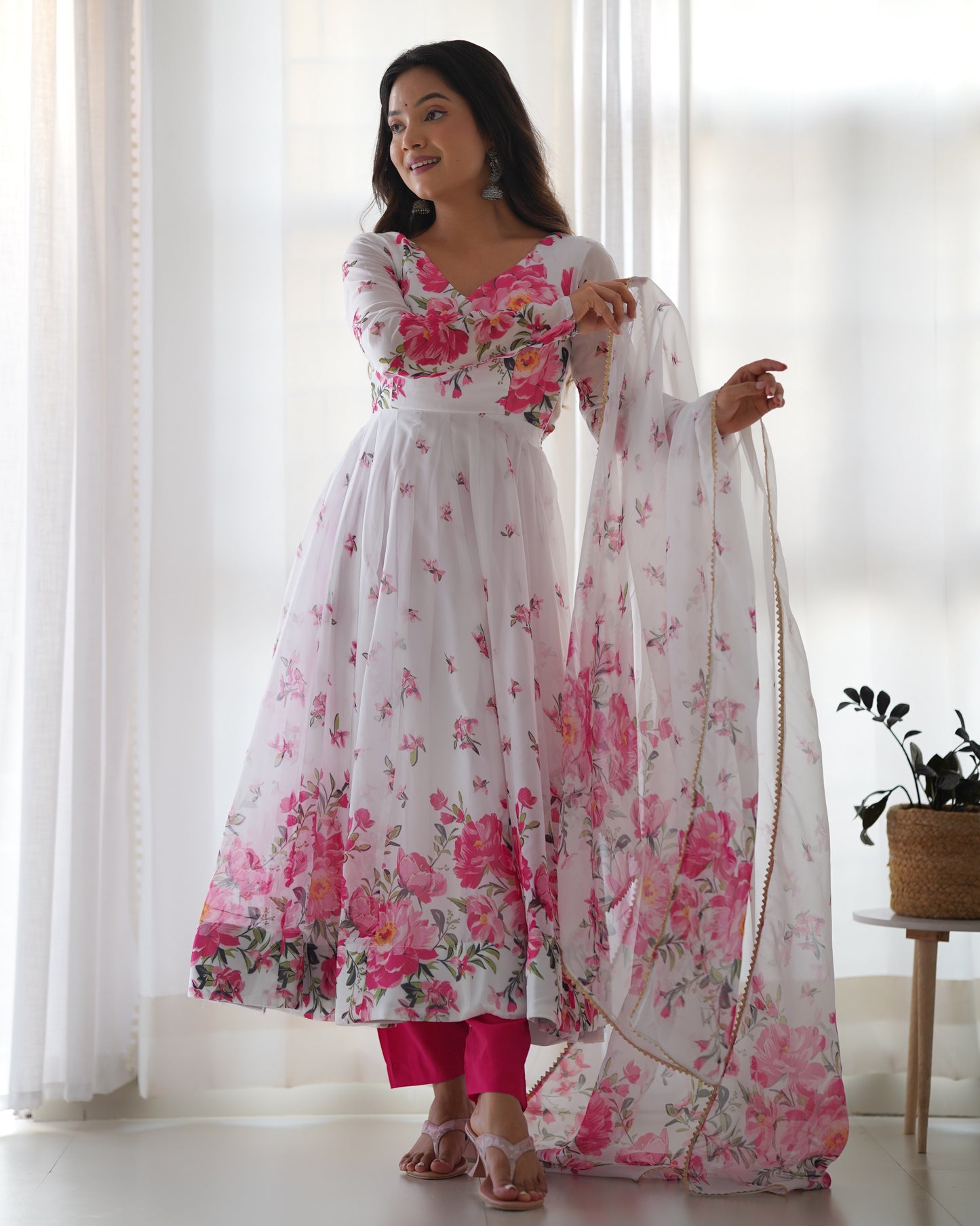 White & Pink floral Organza Anarkali By Stylish Ethnic