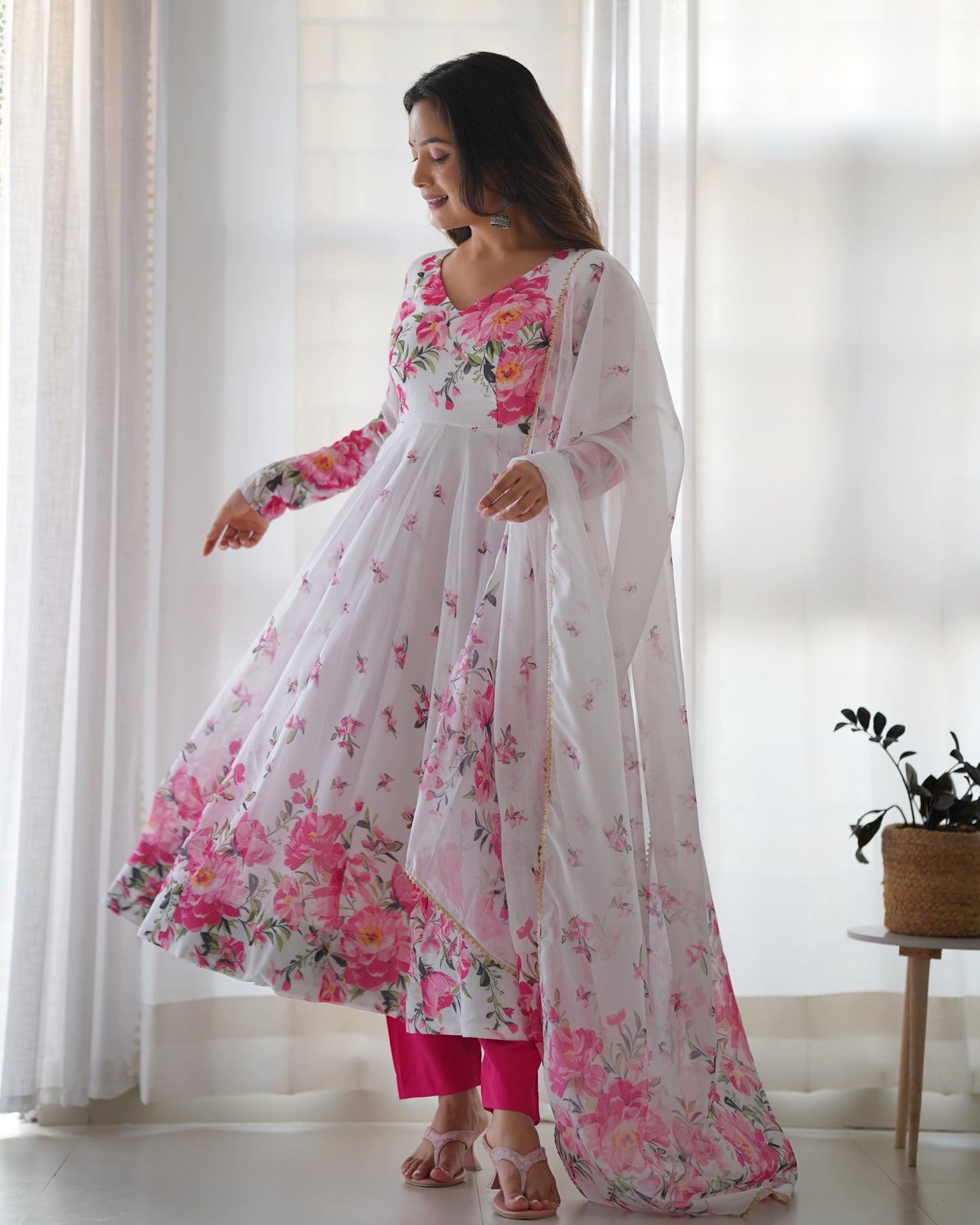 White & Pink floral Organza Anarkali By Stylish Ethnic