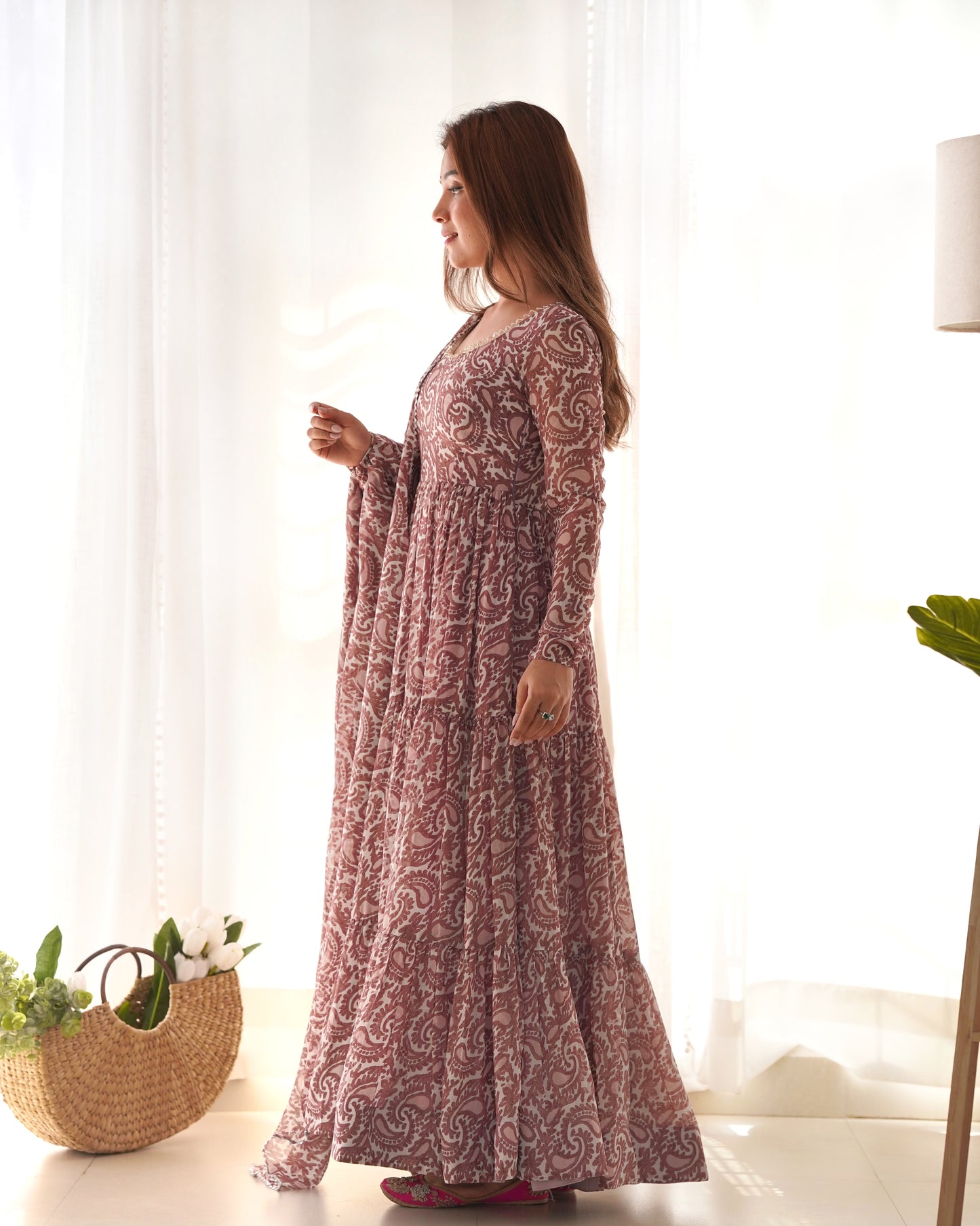 Amazing Brown Digital Printed Long Anarkali Gown With Dupatta
