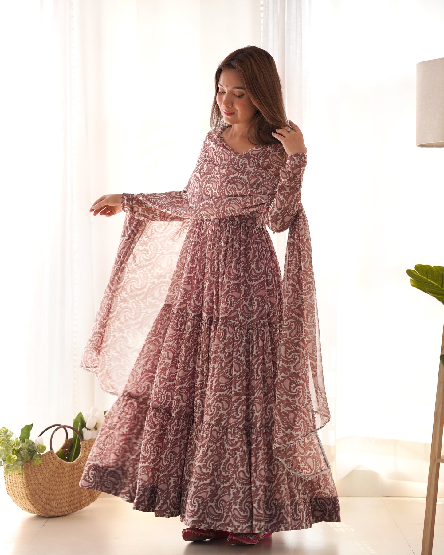 Amazing Brown Digital Printed Long Anarkali Gown With Dupatta