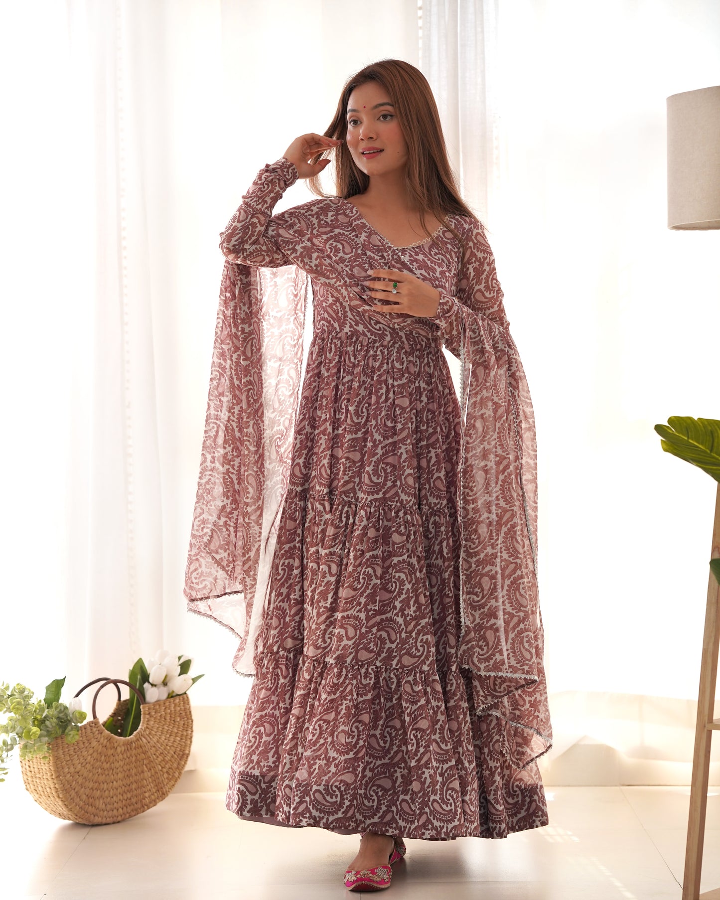 Amazing Brown Digital Printed Long Anarkali Gown With Dupatta